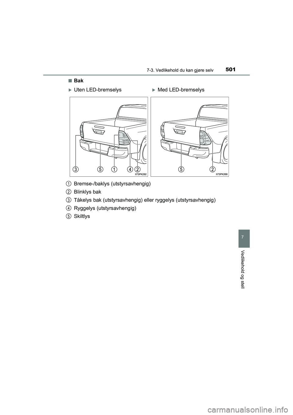 TOYOTA HILUX 2021  Instruksjoner for bruk (in Norwegian) 5017-3. Vedlikehold du kan gjøre selv
HILUX OM0K641NO
7
Vedlikehold og stell
nBak
Bremse-/baklys (utstyrsavhengig)
Blinklys bak
Tåkelys bak (utstyrsavhengig) eller ryggelys (utstyrsavhengig)
Ryggely