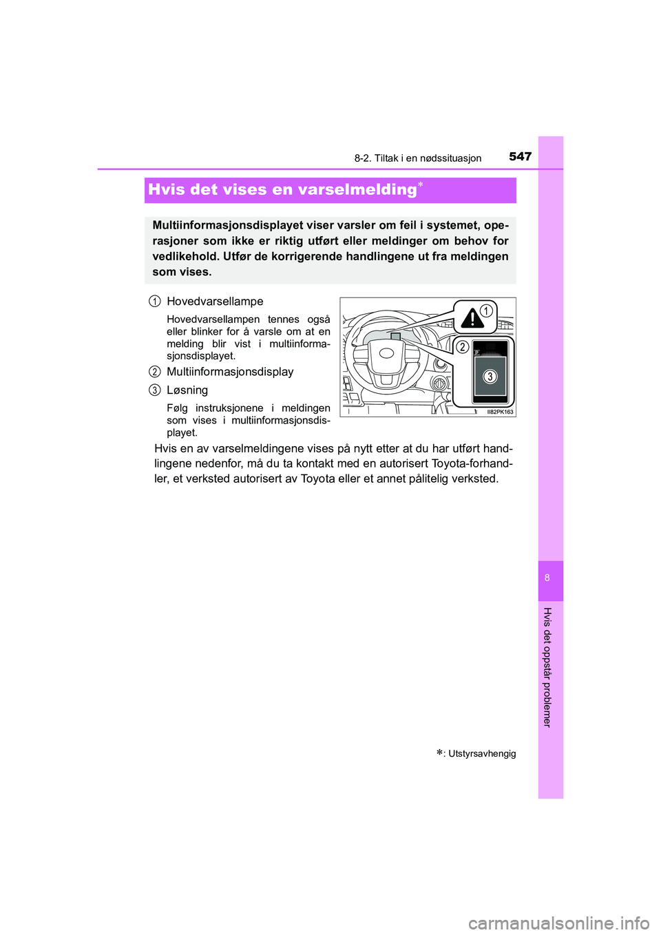 TOYOTA HILUX 2021 Instruksjoner for bruk (in Norwegian) 5478-2. Tiltak i en nødssituasjon
HILUX OM0K641NO
8
Hvis det oppstår problemer
Hvis det vises en varselmelding
Hovedvarsellampe
Hovedvarsellampen tennes også
eller blinker for å varsle om at en TOYOTA HILUX 2021 Instruksjoner for bruk (in Norwegian) 5478-2. Tiltak i en nødssituasjon
HILUX OM0K641NO
8
Hvis det oppstår problemer
Hvis det vises en varselmelding
Hovedvarsellampe
Hovedvarsellampen tennes også
eller blinker for å varsle om at en