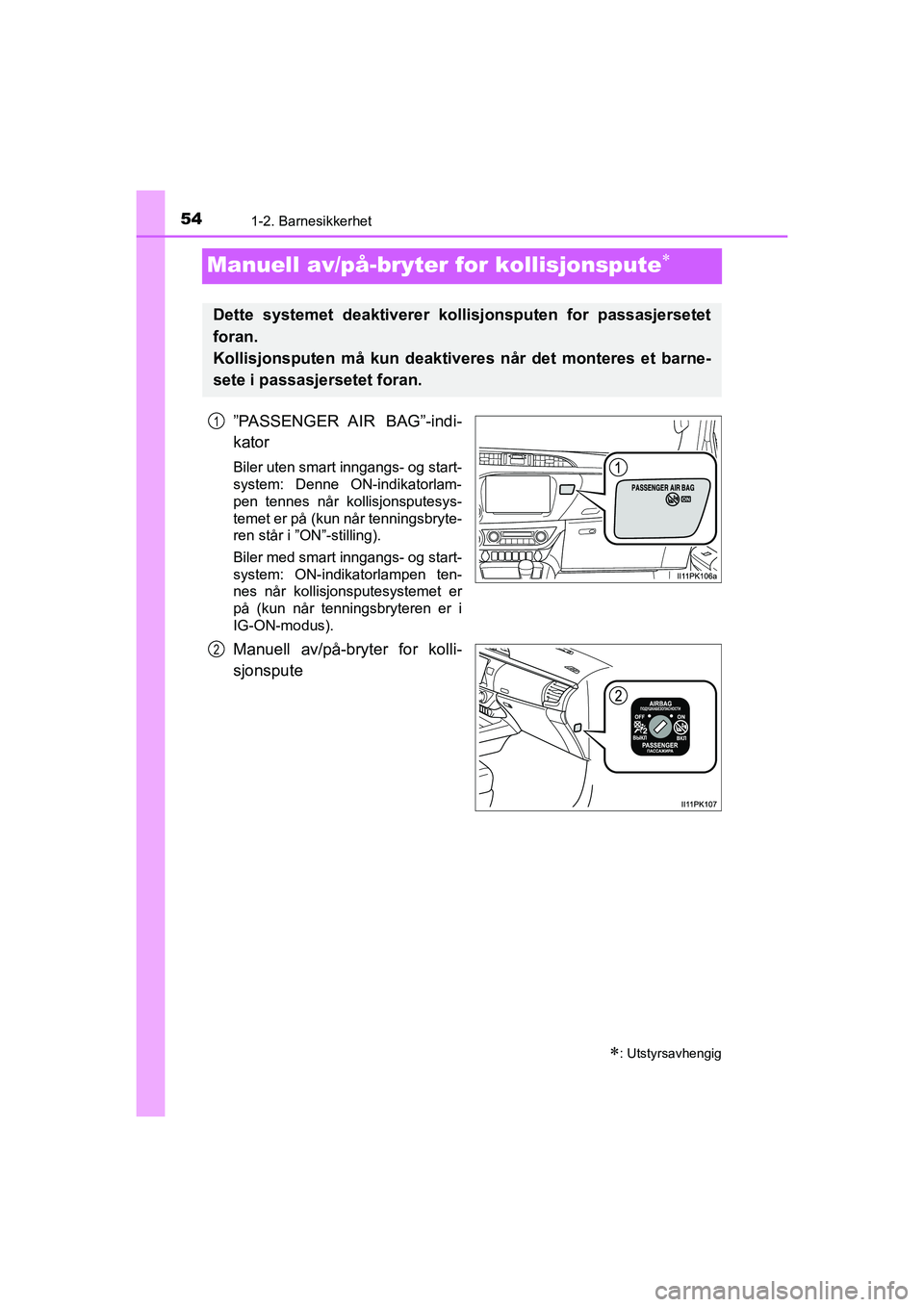 TOYOTA HILUX 2021 Instruksjoner for bruk (in Norwegian) 541-2. Barnesikkerhet
HILUX OM0K641NO
Manuell av/på-bryter for kollisjonspute
”PASSENGER AIR BAG”-indi-
kator
Biler uten smart inngangs- og start-
system: Denne ON-indikatorlam-
pen tennes n TOYOTA HILUX 2021 Instruksjoner for bruk (in Norwegian) 541-2. Barnesikkerhet
HILUX OM0K641NO
Manuell av/på-bryter for kollisjonspute
”PASSENGER AIR BAG”-indi-
kator
Biler uten smart inngangs- og start-
system: Denne ON-indikatorlam-
pen tennes n