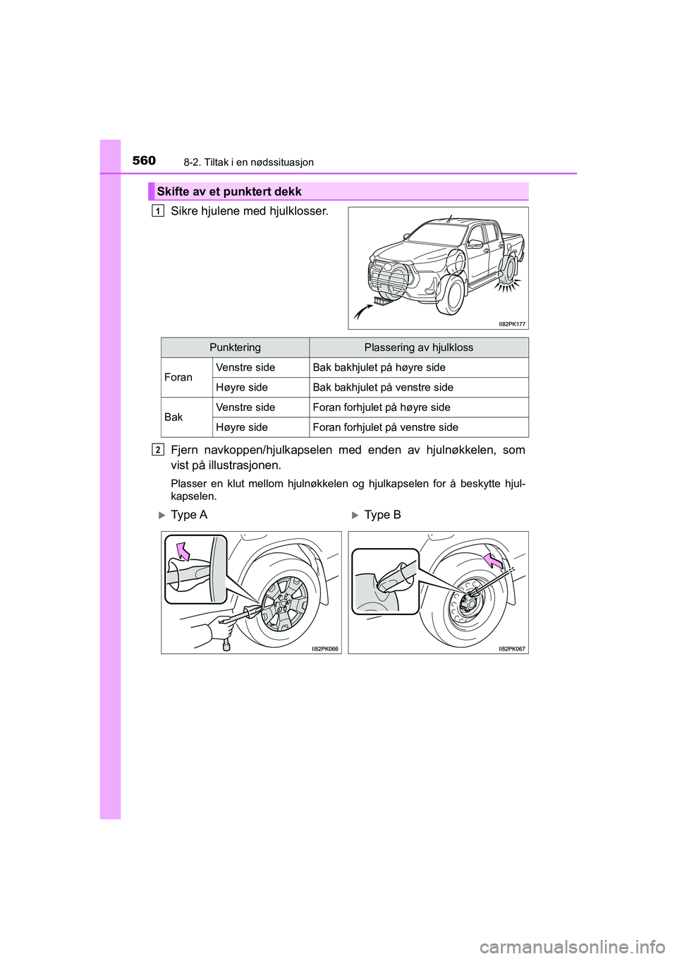 TOYOTA HILUX 2021  Instruksjoner for bruk (in Norwegian) 5608-2. Tiltak i en nødssituasjon
HILUX OM0K641NO
Sikre hjulene med hjulklosser.
Fjern navkoppen/hjulkapselen med enden av hjulnøkkelen, som
vist på illustrasjonen.
Plasser en klut mellom hjulnøkk