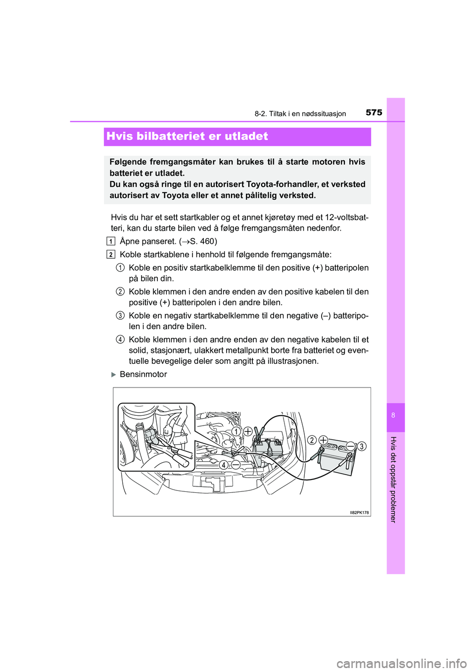 TOYOTA HILUX 2021  Instruksjoner for bruk (in Norwegian) 5758-2. Tiltak i en nødssituasjon
HILUX OM0K641NO
8
Hvis det oppstår problemer
Hvis bilbatteriet er utladet
Hvis du har et sett startkabler og et  annet kjøretøy med et 12-voltsbat-
teri, kan du s