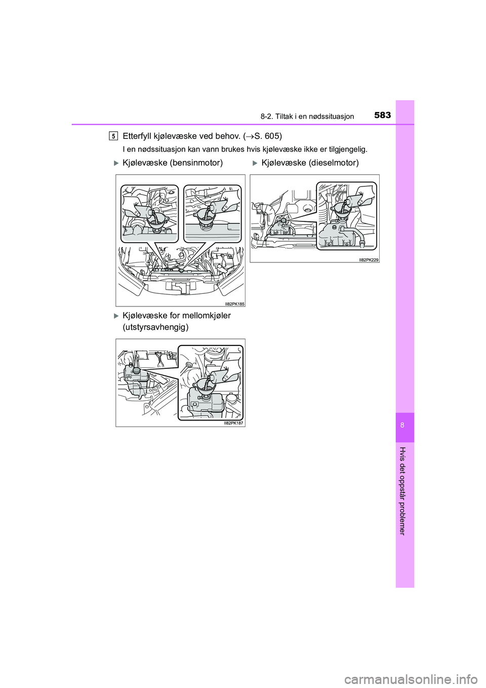 TOYOTA HILUX 2021  Instruksjoner for bruk (in Norwegian) 5838-2. Tiltak i en nødssituasjon
HILUX OM0K641NO
8
Hvis det oppstår problemer
Etterfyll kjølevæske ved behov. (S. 605)
I en nødssituasjon kan vann brukes hvis  kjølevæske ikke er tilgjengel