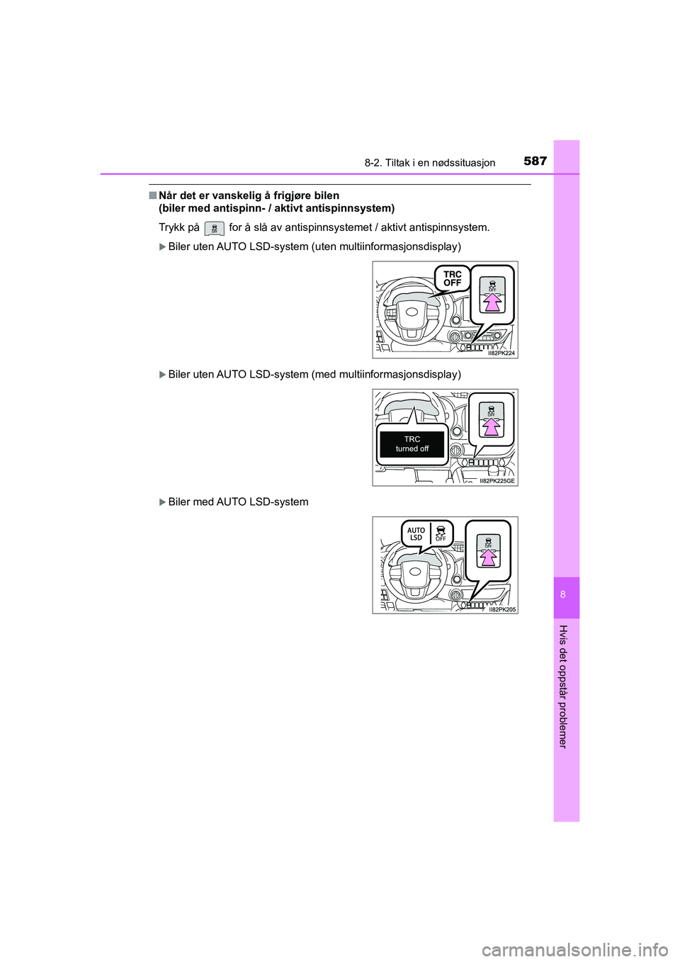 TOYOTA HILUX 2021  Instruksjoner for bruk (in Norwegian) 5878-2. Tiltak i en nødssituasjon
HILUX OM0K641NO
8
Hvis det oppstår problemer
nNår det er vanskelig å frigjøre bilen 
(biler med antispinn-  / aktivt antispinnsystem)
Trykk på   for å slå av 