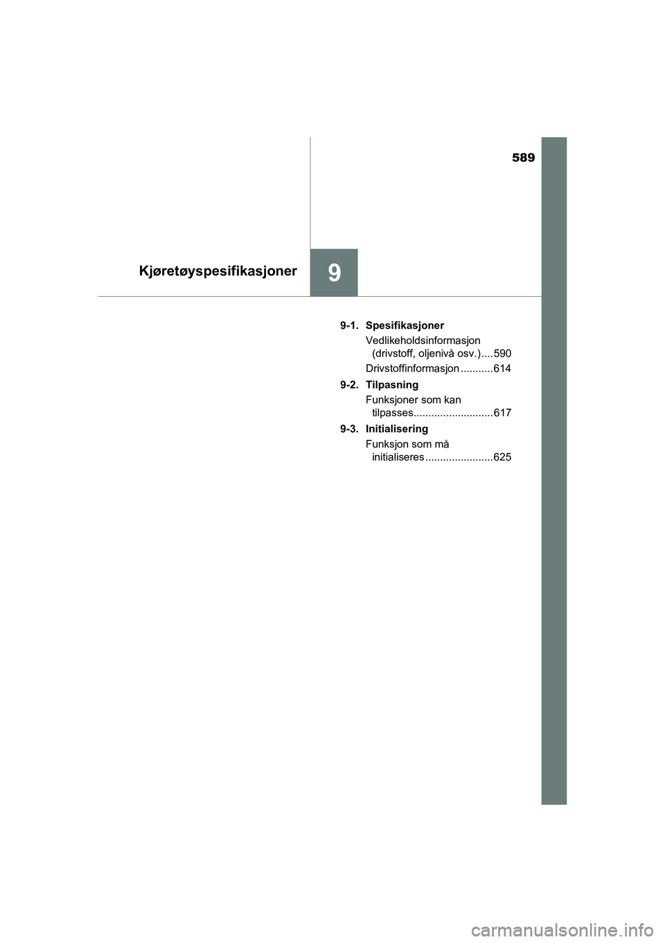 TOYOTA HILUX 2021  Instruksjoner for bruk (in Norwegian) 589
9Kjøretøyspesifikasjoner
HILUX OM0K641NO9-1. Spesifikasjoner
Vedlikeholdsinformasjon (drivstoff, oljenivå osv.) .... 590
Drivstoffinformasjon ........... 614
9-2. Tilpasning Funksjoner som kan 