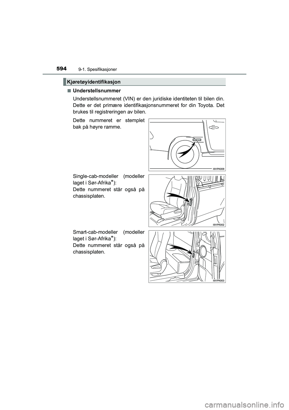 TOYOTA HILUX 2021  Instruksjoner for bruk (in Norwegian) 5949-1. Spesifikasjoner
HILUX OM0K641NOn
Understellsnummer
Understellsnummeret (VIN) er den juridiske identiteten til bilen din.
Dette er det primære identifikasjonsnummeret for din Toyota. Det
bruke