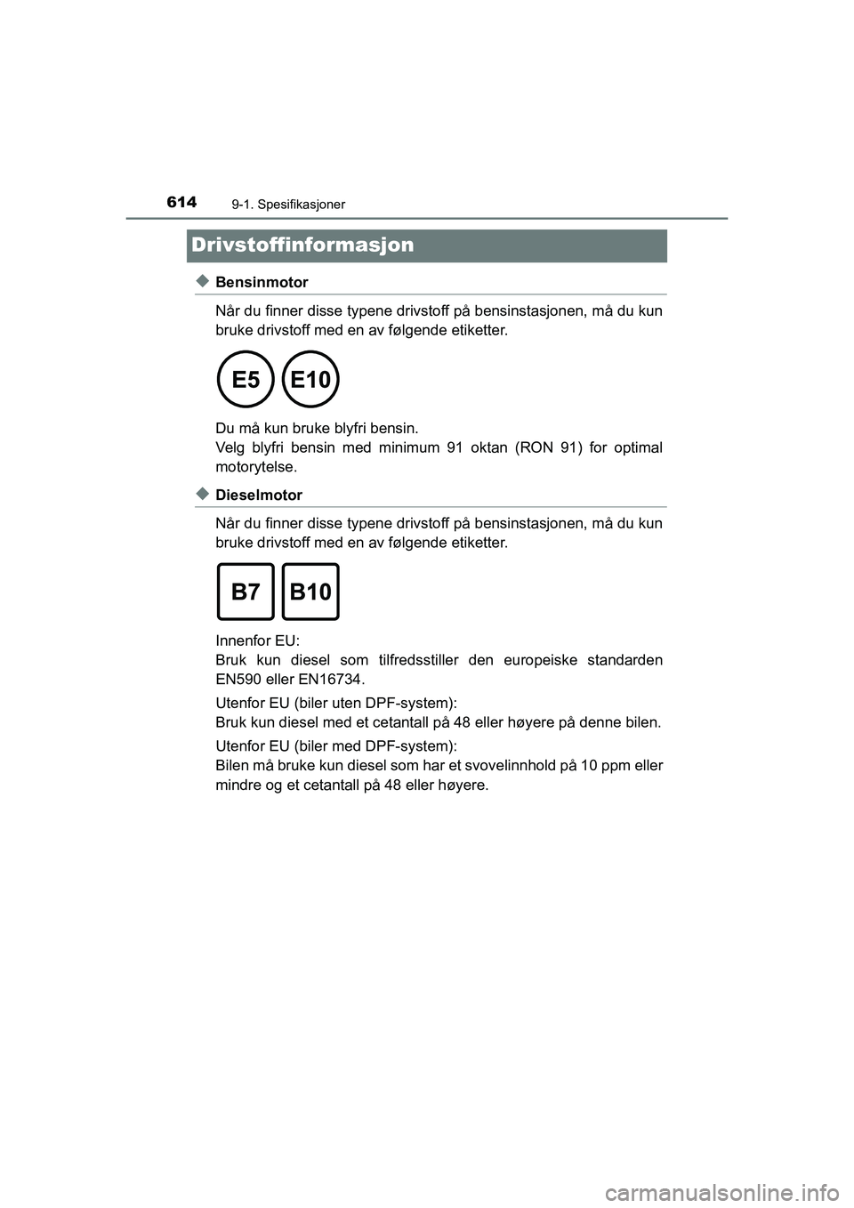 TOYOTA HILUX 2021  Instruksjoner for bruk (in Norwegian) 6149-1. Spesifikasjoner
HILUX OM0K641NO
Drivstoffinformasjon
uBensinmotor
Når du finner disse typene drivstoff på bensinstasjonen, må du kun
bruke drivstoff med en av følgende etiketter. 
Du må k