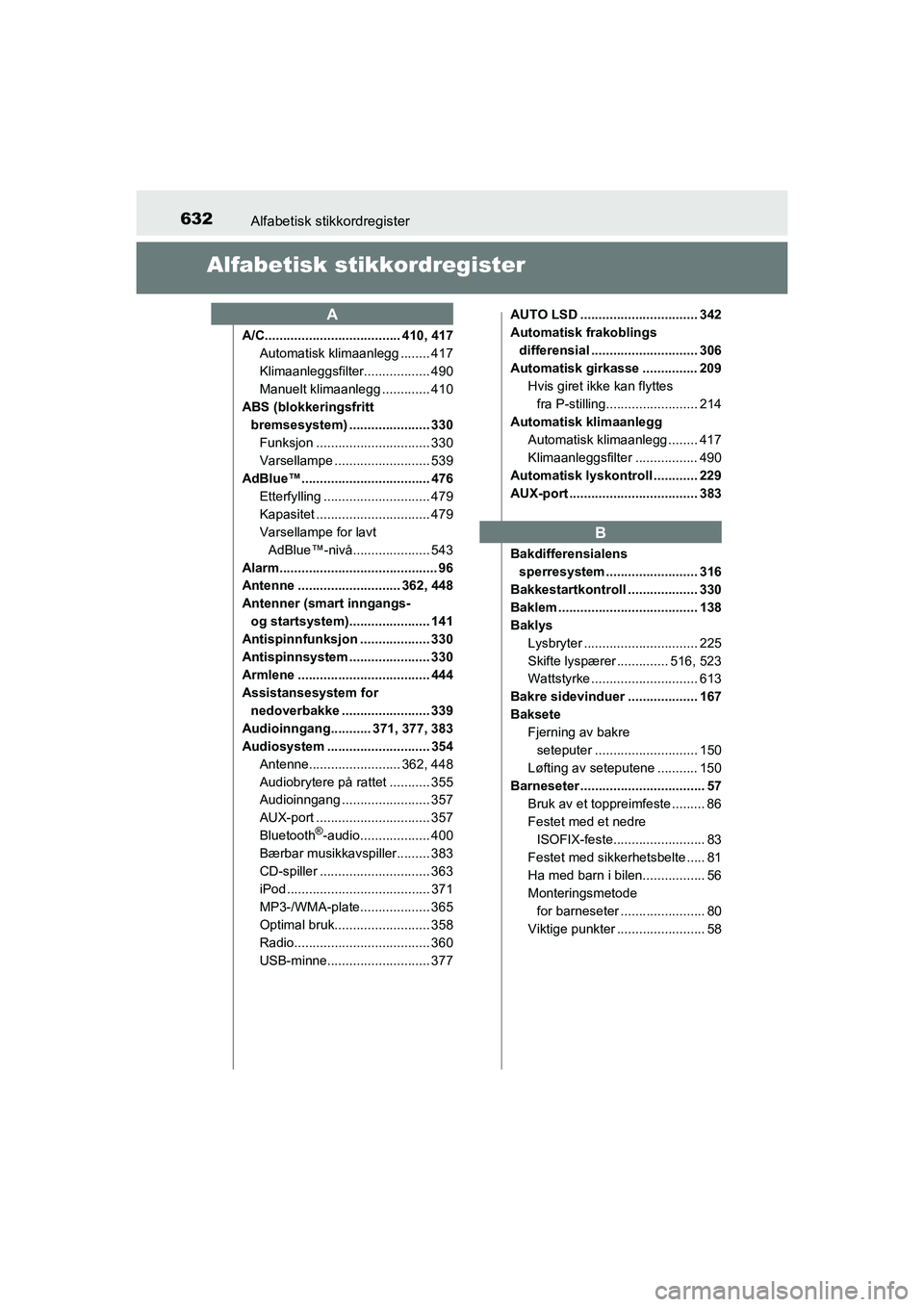 TOYOTA HILUX 2021 Instruksjoner for bruk (in Norwegian) 632Alfabetisk stikkordregister
HILUX OM0K641NO
Alfabetisk st ikkordregister
A/C..................................... 410, 417
Automatisk klimaanlegg ........ 417
Klimaanleggsfilter.................. 4 TOYOTA HILUX 2021 Instruksjoner for bruk (in Norwegian) 632Alfabetisk stikkordregister
HILUX OM0K641NO
Alfabetisk st ikkordregister
A/C..................................... 410, 417
Automatisk klimaanlegg ........ 417
Klimaanleggsfilter.................. 4
