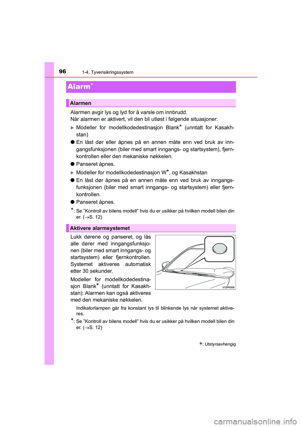 TOYOTA HILUX 2021 Instruksjoner for bruk (in Norwegian) 961-4. Tyverisikringssystem
HILUX OM0K641NO
Alarm
Alarmen avgir lys og lyd for å varsle om innbrudd.
Når alarmen er aktivert, vil den bli utløst i følgende situasjoner:
Modeller for modellko TOYOTA HILUX 2021 Instruksjoner for bruk (in Norwegian) 961-4. Tyverisikringssystem
HILUX OM0K641NO
Alarm
Alarmen avgir lys og lyd for å varsle om innbrudd.
Når alarmen er aktivert, vil den bli utløst i følgende situasjoner:
Modeller for modellko