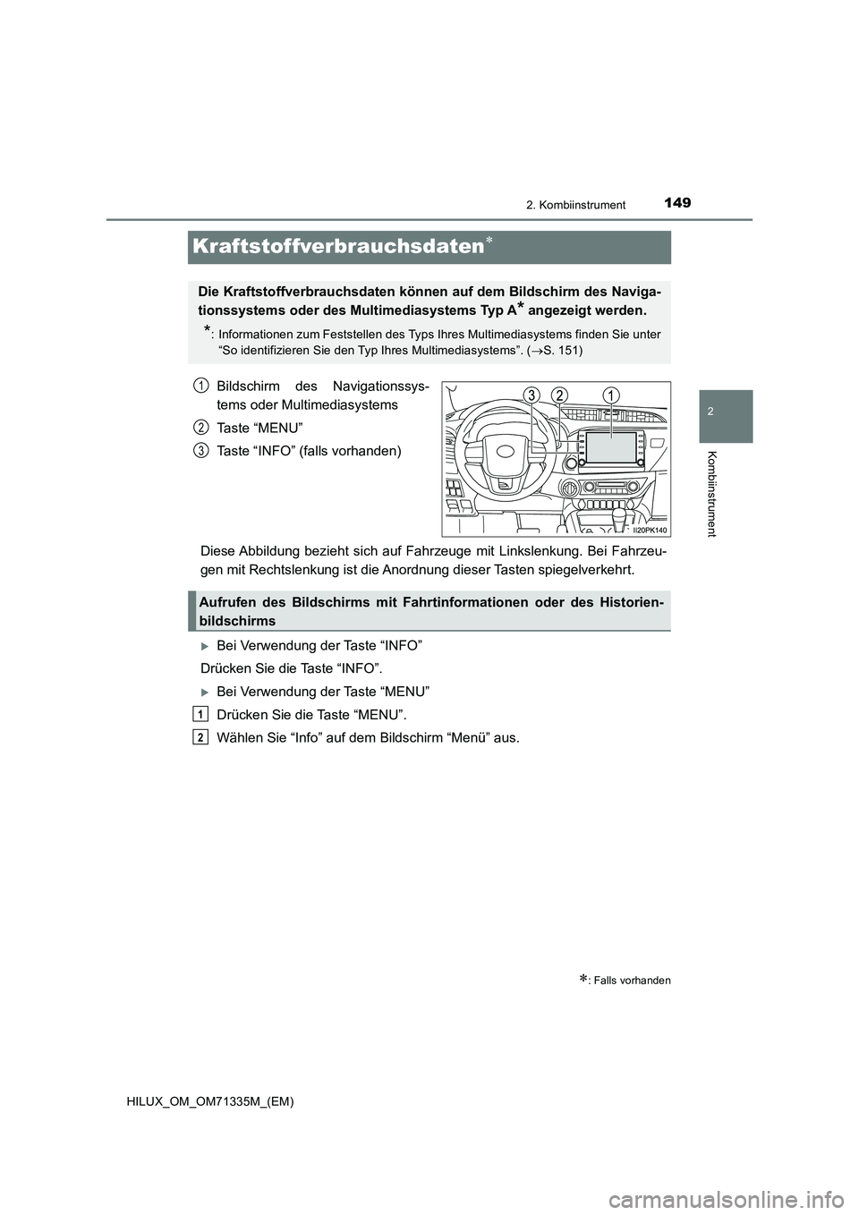 TOYOTA HILUX 2021  Betriebsanleitungen (in German) 149
2
2. Kombiinstrument
Kombiinstrument
HILUX_OM_OM71335M_(EM)
Kraftstoffverbrauchsdaten
Bildschirm des Navigationssys-
tems oder Multimediasystems
Ta s t e  “ M E N U ”
Taste “INFO” (fall