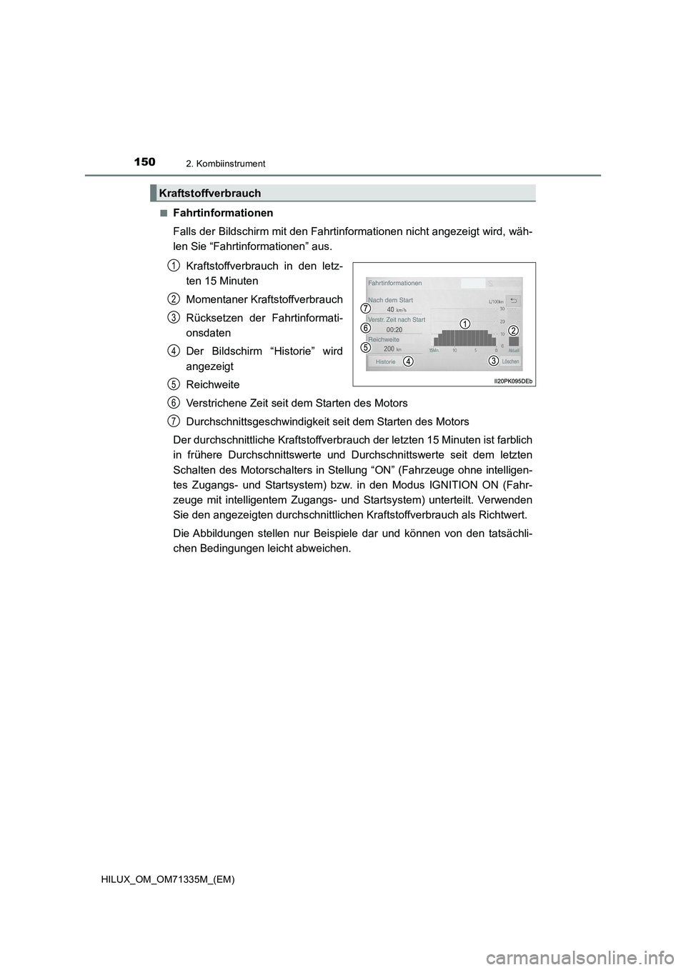 TOYOTA HILUX 2021  Betriebsanleitungen (in German) 1502. Kombiinstrument
HILUX_OM_OM71335M_(EM)�Q
Fahrtinformationen
Falls der Bildschirm mit den Fahrtinformationen nicht angezeigt wird, wäh-
len Sie “Fahrtinformationen” aus.
Kraftstoffverbrauch 