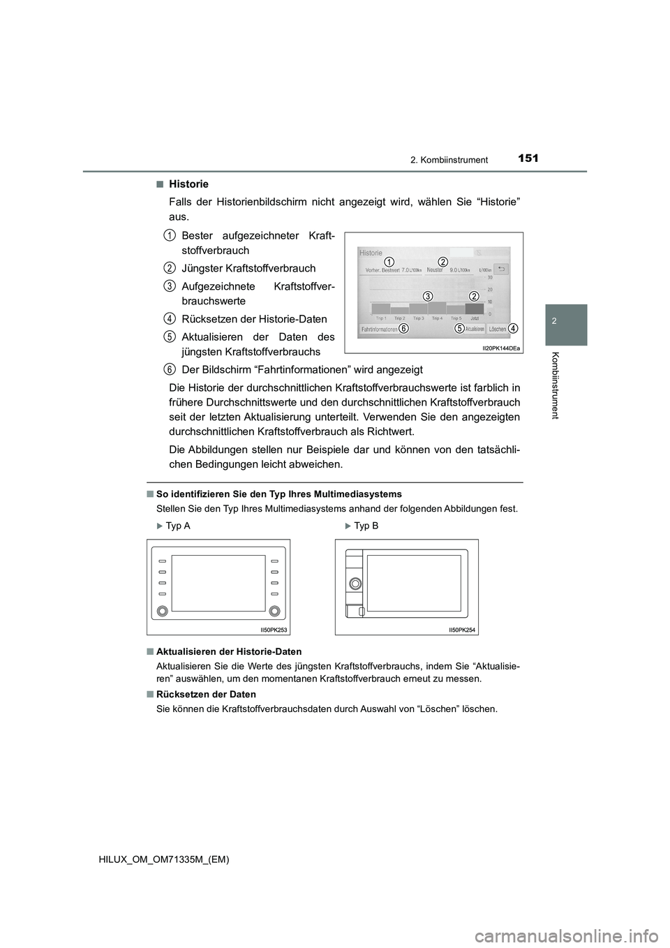 TOYOTA HILUX 2021  Betriebsanleitungen (in German) 1512. Kombiinstrument
2
Kombiinstrument
HILUX_OM_OM71335M_(EM)�Q
Historie
Falls der Historienbildschirm nicht angezeigt wird, wählen Sie “Historie”
aus.
Bester aufgezeichneter Kraft-
stoffverbrau