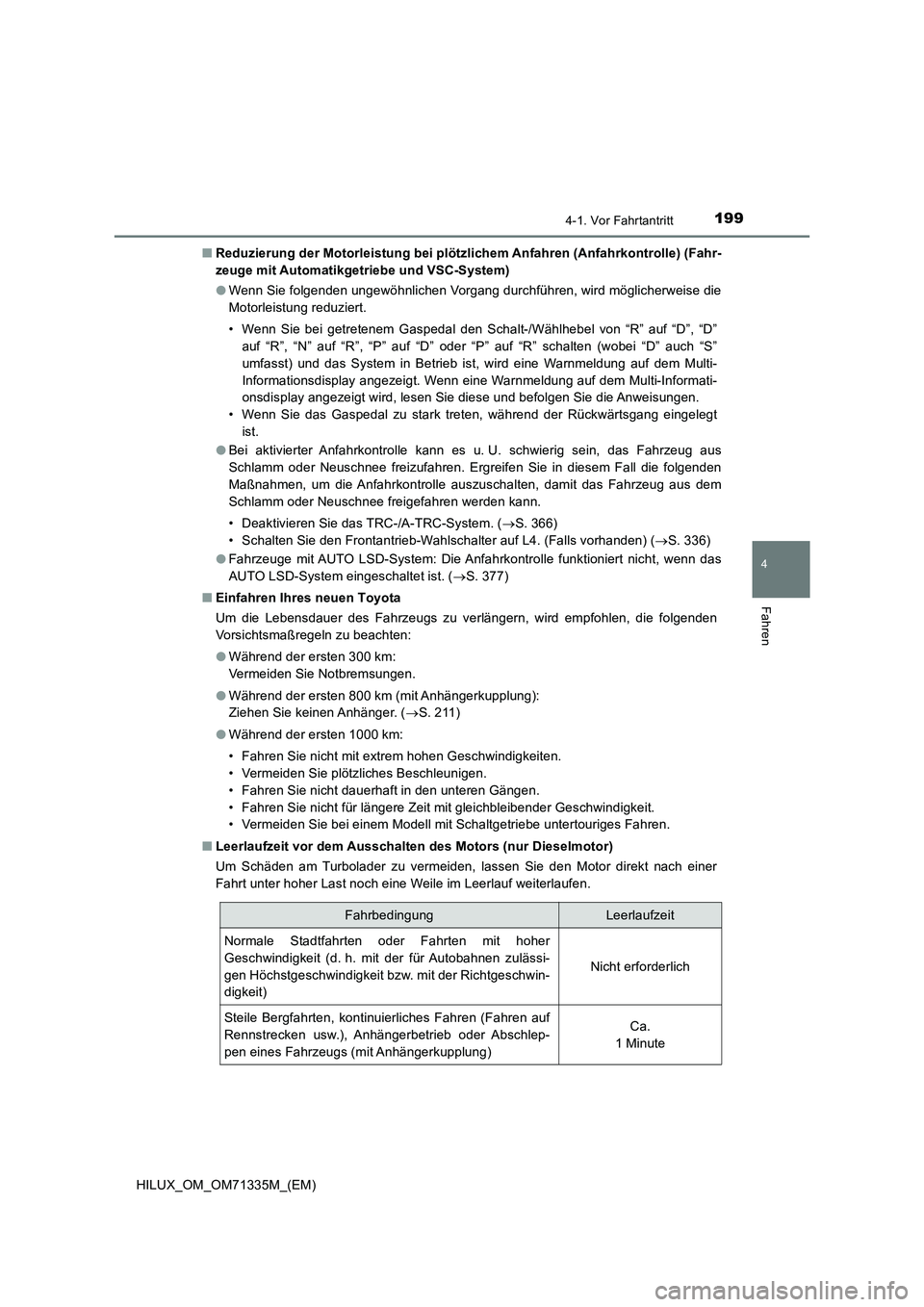 TOYOTA HILUX 2021  Betriebsanleitungen (in German) 1994-1. Vor Fahrtantritt
4
Fahren
HILUX_OM_OM71335M_(EM)�QReduzierung der Motorleistung bei plötzlichem Anfahren (Anfahrkontrolle) (Fahr-
zeuge mit Automatikgetriebe und VSC-System)
�OWenn Sie folgen