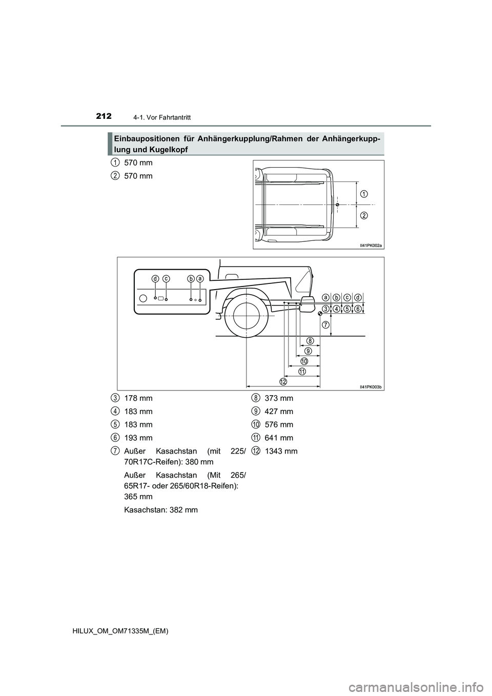 TOYOTA HILUX 2021  Betriebsanleitungen (in German) 2124-1. Vor Fahrtantritt
HILUX_OM_OM71335M_(EM)
570 mm
570 mm
Einbaupositionen für Anhängerkupplung/Rahmen der Anhängerkupp-
lung und Kugelkopf
1
2
178 mm
183 mm
183 mm
193 mm
Außer Kasachstan (mi