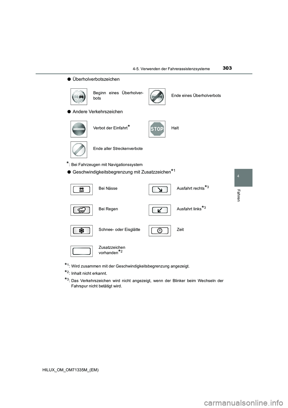 TOYOTA HILUX 2021  Betriebsanleitungen (in German) 3034-5. Verwenden der Fahrerassistenzsysteme
4
Fahren
HILUX_OM_OM71335M_(EM)
�OÜberholverbotszeichen
�OAndere Verkehrszeichen
*: Bei Fahrzeugen mit Navigationssystem
�OGeschwindigkeitsbegrenzung mit 