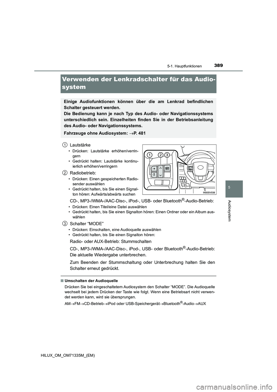 TOYOTA HILUX 2021  Betriebsanleitungen (in German) 389
5
5-1. Hauptfunktionen
Audiosystem
HILUX_OM_OM71335M_(EM)
Verwenden der Lenkradschalter für das Audio-
system
Lautstärke
• Drücken: Lautstärke erhöhen/verrin-
gern
• Gedrückt halten: Lau