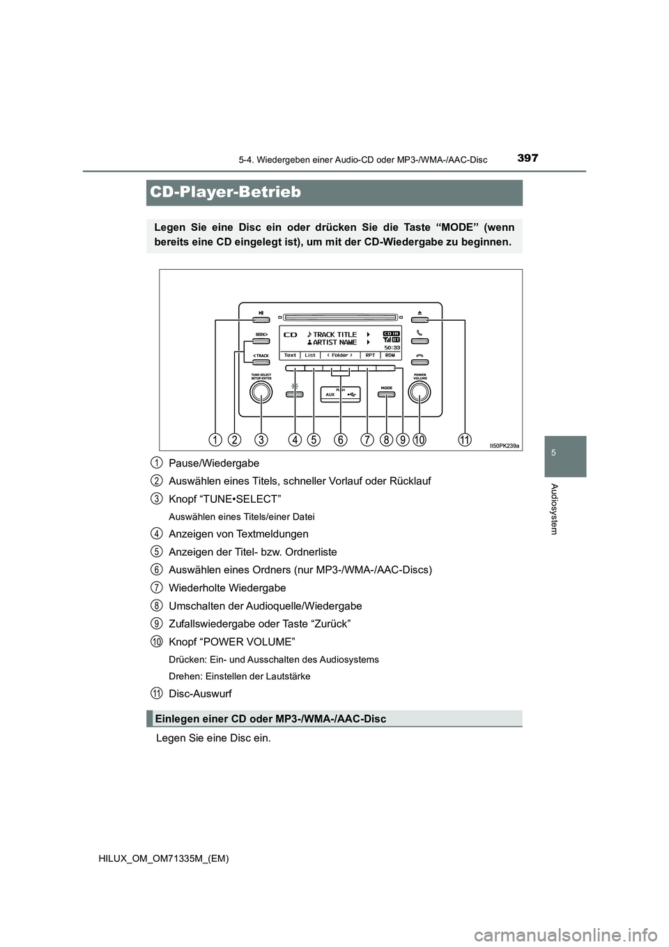 TOYOTA HILUX 2021  Betriebsanleitungen (in German) 397
5
5-4. Wiedergeben einer Audio-CD oder MP3-/WMA-/AAC-Disc
Audiosystem
HILUX_OM_OM71335M_(EM)
CD-Player-Betrieb
Pause/Wiedergabe
Auswählen eines Titels, schneller Vorlauf oder Rücklauf
Knopf “T