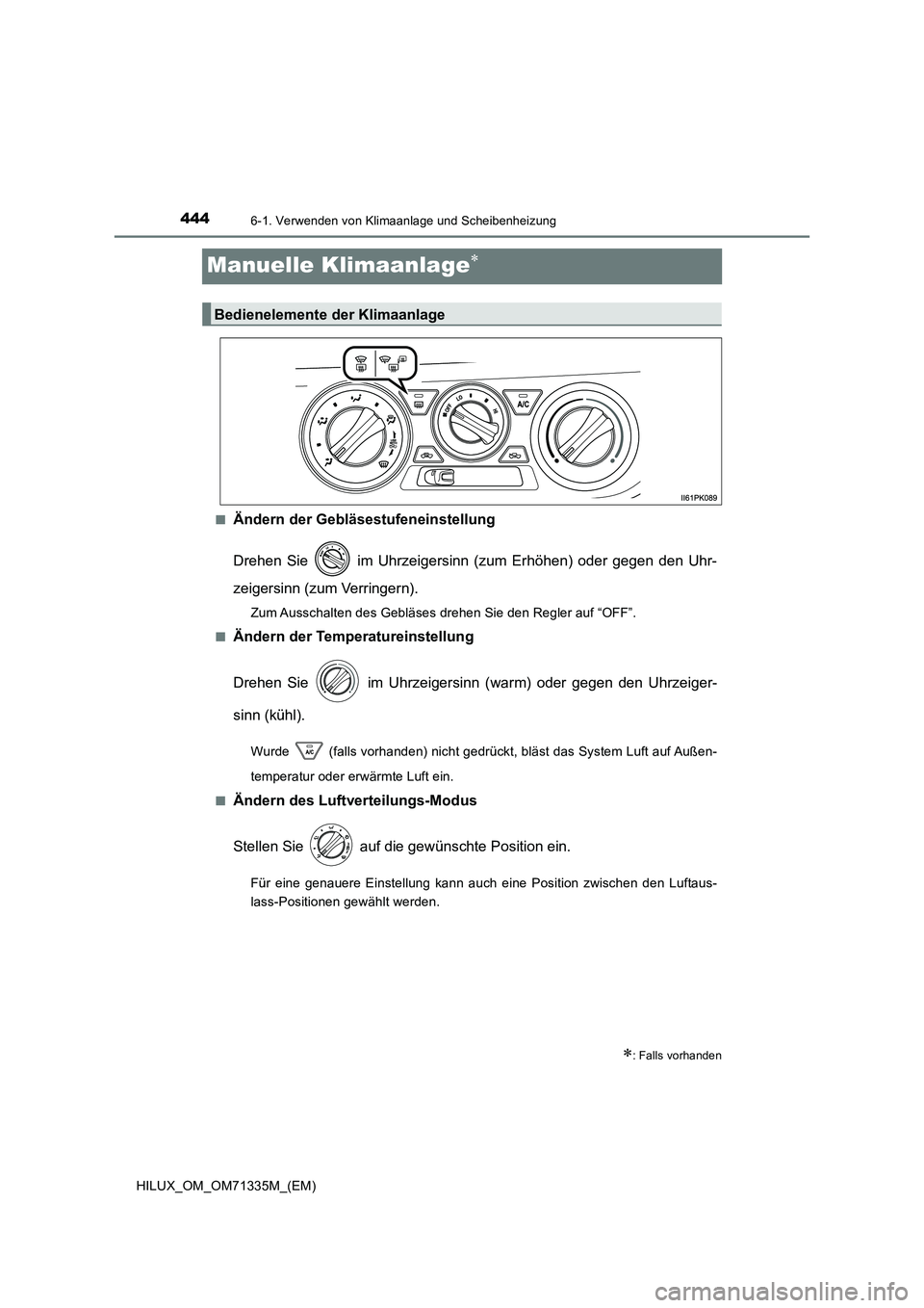 TOYOTA HILUX 2021  Betriebsanleitungen (in German) 4446-1. Verwenden von Klimaanlage und Scheibenheizung
HILUX_OM_OM71335M_(EM)
Manuelle Klimaanlage
�QÄndern der Gebläsestufeneinstellung 
Drehen Sie   im Uhrzeigersinn (zum Erhöhen) oder gegen de