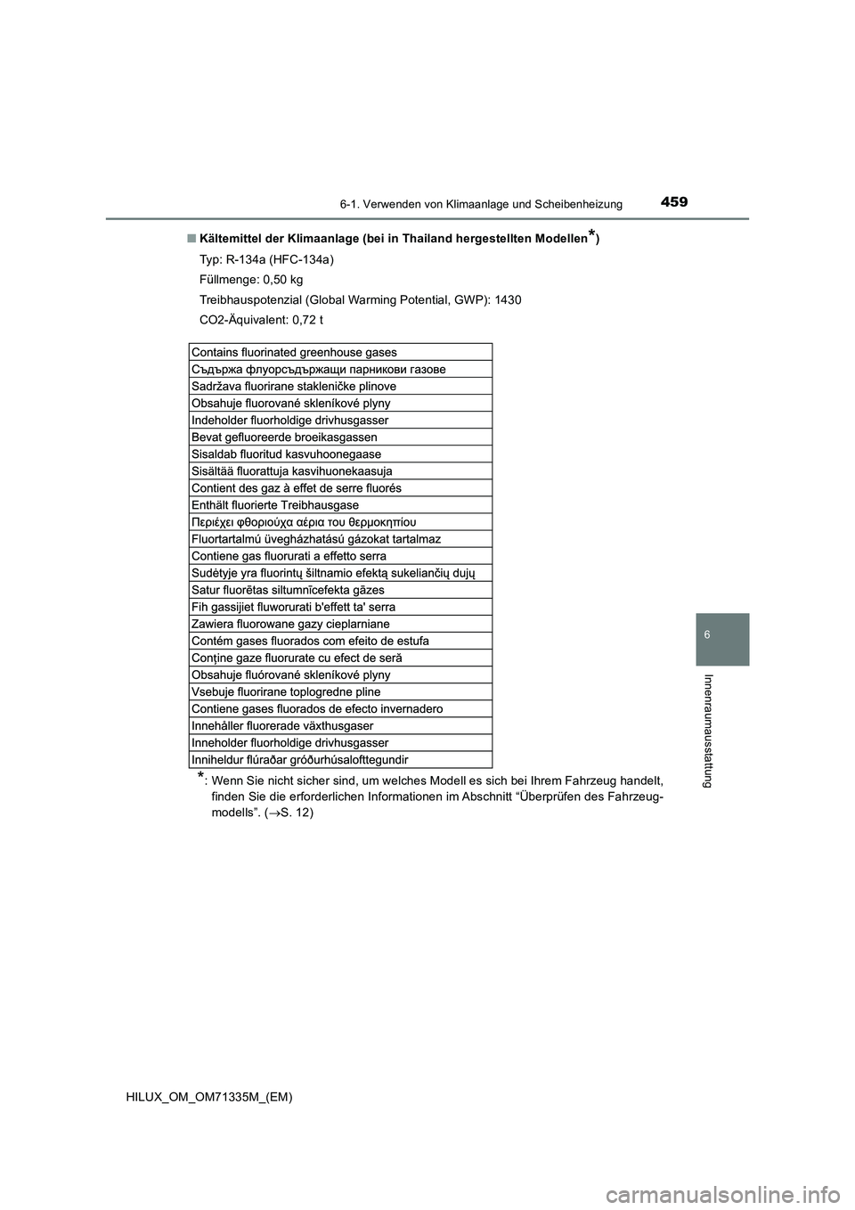 TOYOTA HILUX 2021  Betriebsanleitungen (in German) 4596-1. Verwenden von Klimaanlage und Scheibenheizung
6
Innenraumausstattung
HILUX_OM_OM71335M_(EM)�QKältemittel der Klimaanlage (bei in Thailand hergestellten Modellen
*)
Typ: R-134a (HFC-134a)
Fül