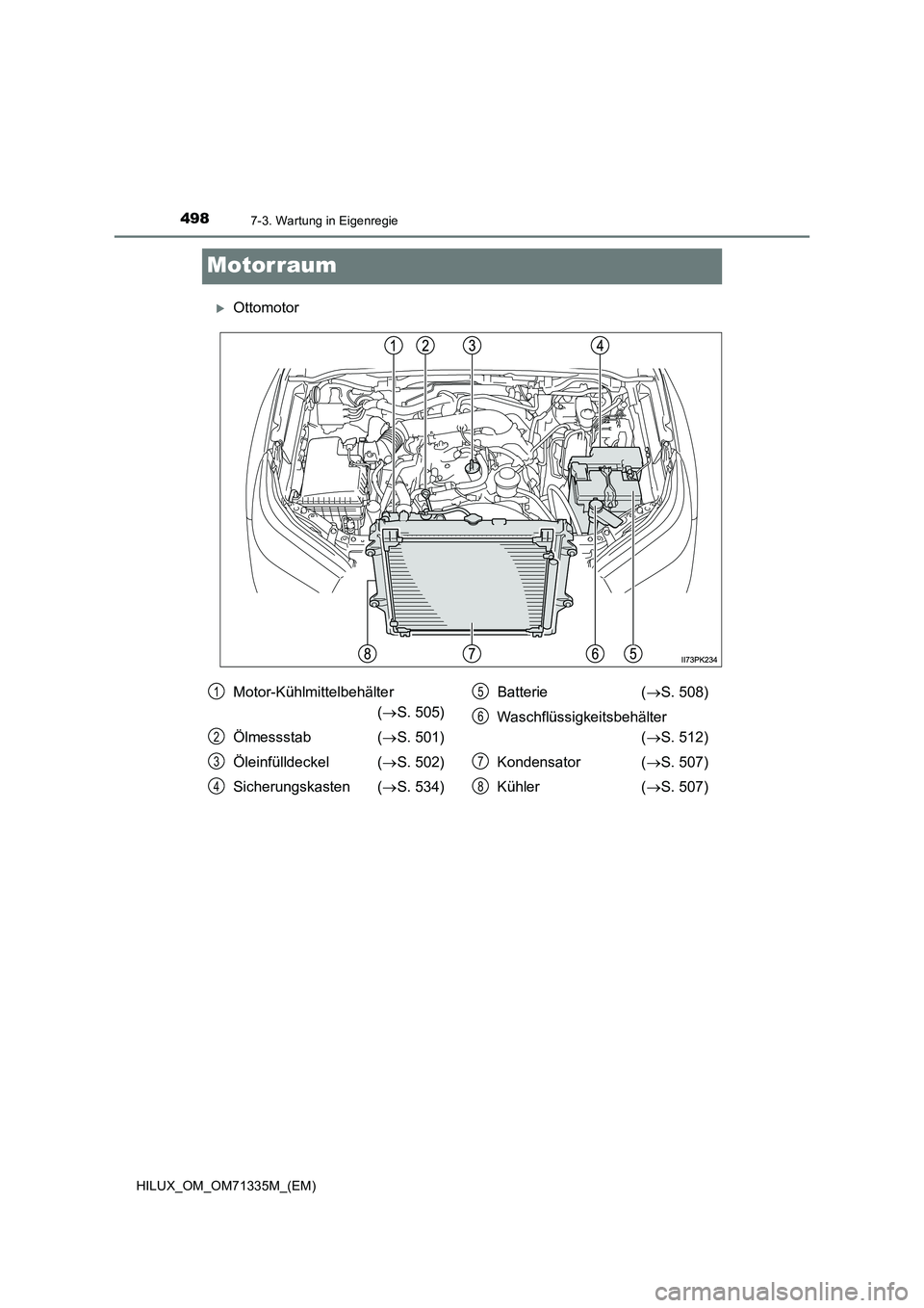 TOYOTA HILUX 2021  Betriebsanleitungen (in German) 4987-3. Wartung in Eigenregie
HILUX_OM_OM71335M_(EM)
Motorraum
Ottomotor
Motor-Kühlmittelbehälter  
( S. 505) 
Ölmessstab ( S. 501) 
Öleinfülldeckel ( S. 502) 
Sicherungskasten ( S
