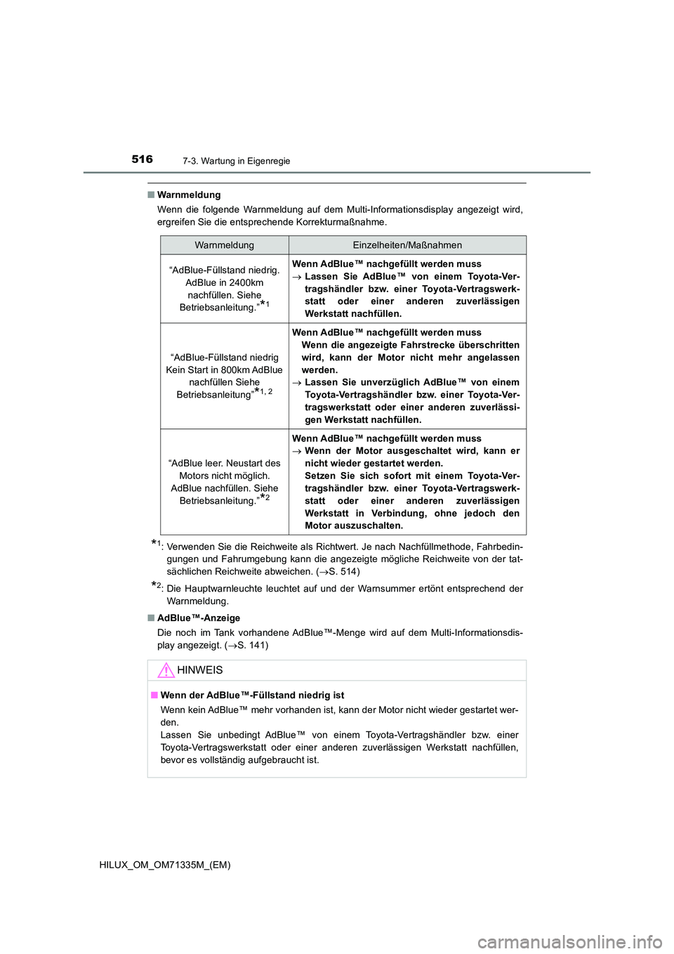 TOYOTA HILUX 2021  Betriebsanleitungen (in German) 5167-3. Wartung in Eigenregie
HILUX_OM_OM71335M_(EM)
�QWarnmeldung 
Wenn die folgende Warnmeldung auf dem Multi-Informationsdisplay angezeigt wird, 
ergreifen Sie die entsprechende Korrekturmaßnahme.