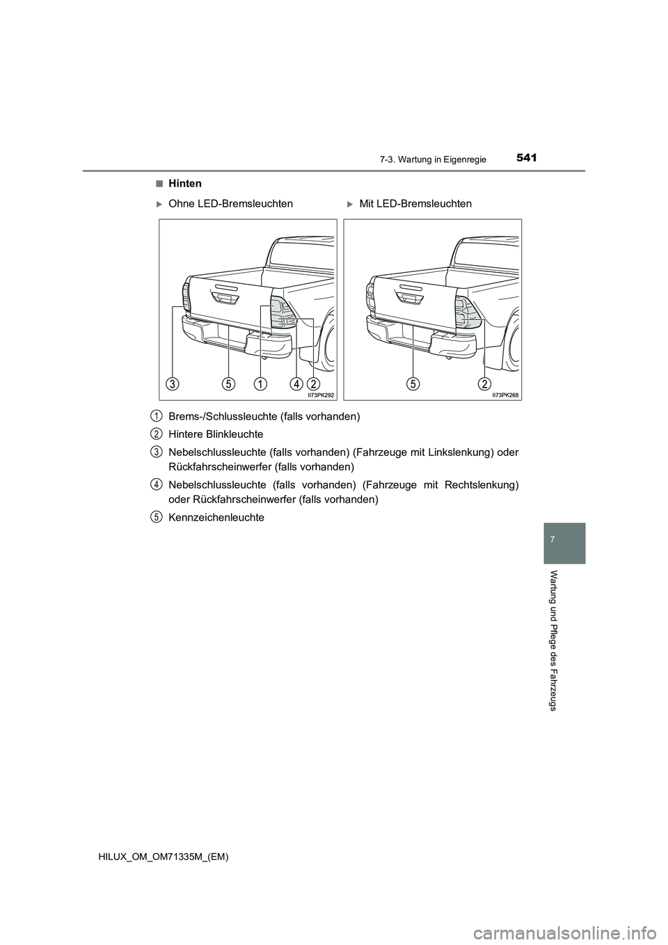 TOYOTA HILUX 2021  Betriebsanleitungen (in German) 5417-3. Wartung in Eigenregie
HILUX_OM_OM71335M_(EM)
7
Wartung und Pflege des Fahrzeugs
�QHinten
Brems-/Schlussleuchte (falls vorhanden)
Hintere Blinkleuchte
Nebelschlussleuchte (falls vorhanden) (Fah