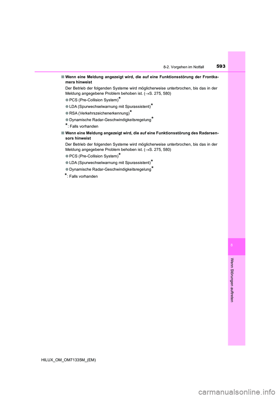 TOYOTA HILUX 2021  Betriebsanleitungen (in German) 5938-2. Vorgehen im Notfall
HILUX_OM_OM71335M_(EM)
8
Wenn Störungen auftreten
�QWenn eine Meldung angezeigt wird, die auf eine Funktionsstörung der Frontka- 
mera hinweist 
Der Betrieb der folgenden