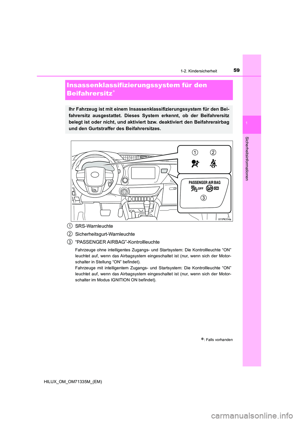 TOYOTA HILUX 2021  Betriebsanleitungen (in German) 59
1
1-2. Kindersicherheit
HILUX_OM_OM71335M_(EM)
Sicherheitsinformationen
Insassenklassifizierungssystem für den  
Beifahrersitz
SRS-Warnleuchte 
Sicherheitsgurt-Warnleuchte 
“PASSENGER AIRBAG