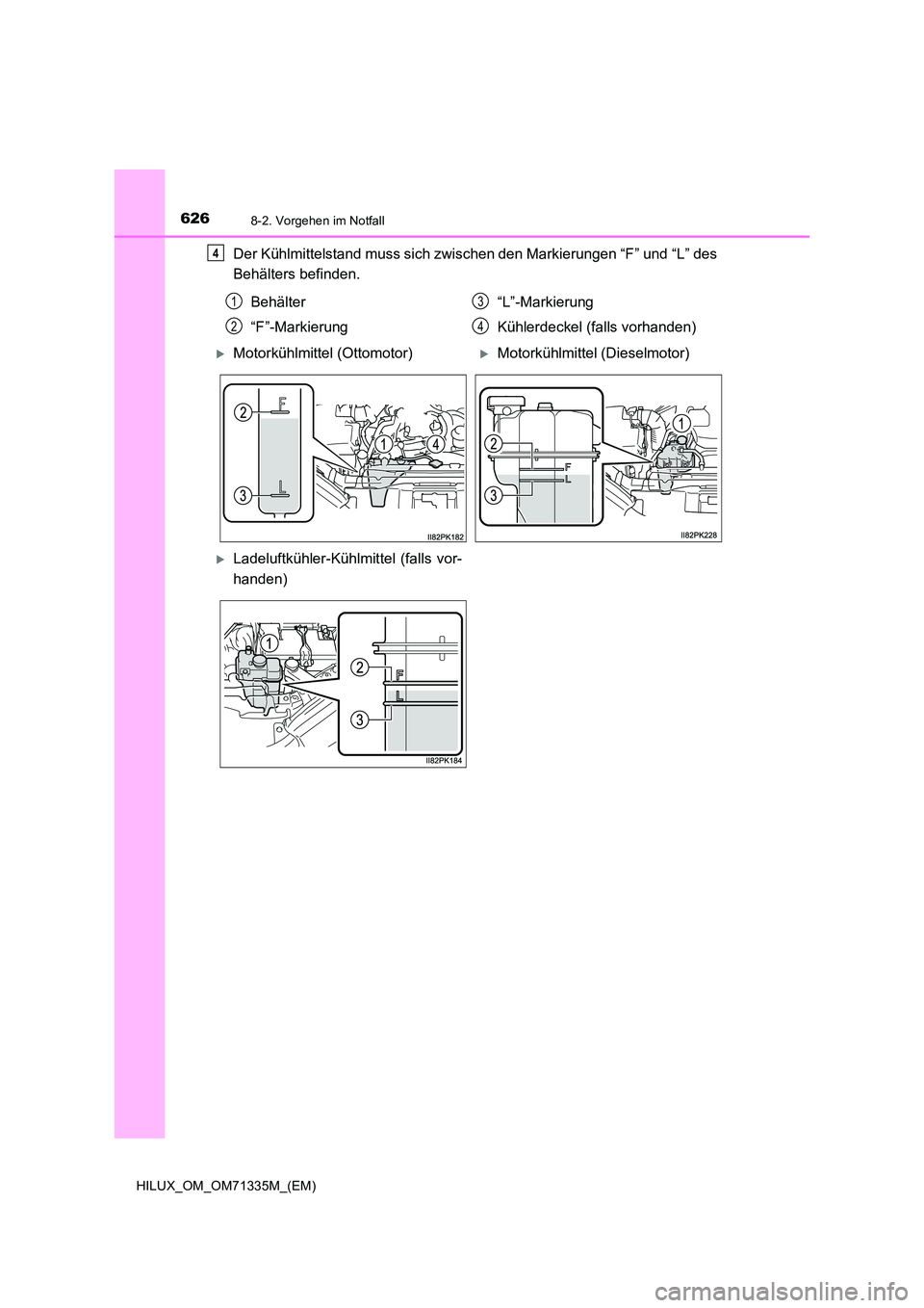 TOYOTA HILUX 2021  Betriebsanleitungen (in German) 6268-2. Vorgehen im Notfall
HILUX_OM_OM71335M_(EM)
Der Kühlmittelstand muss sich zwischen den Markierungen “F” und “L” des 
Behälters befinden.
4
Behälter 
“F”-Markierung 
“L”-Marki