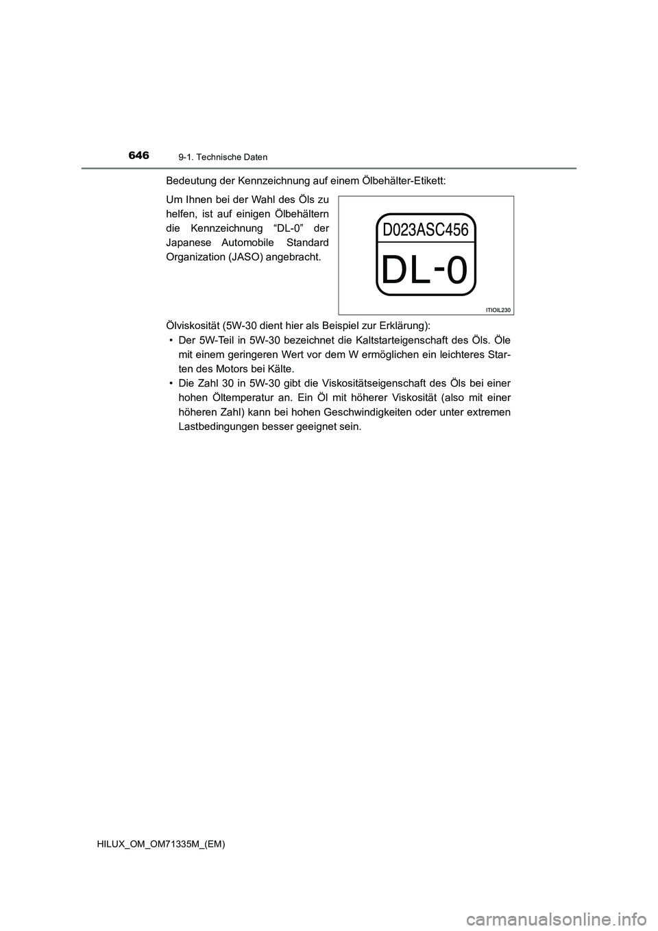TOYOTA HILUX 2021  Betriebsanleitungen (in German) 6469-1. Technische Daten
HILUX_OM_OM71335M_(EM)
Bedeutung der Kennzeichnung auf einem Ölbehälter-Etikett:
Um Ihnen bei der Wahl des Öls zu
helfen, ist auf einigen Ölbehältern
die Kennzeichnung 