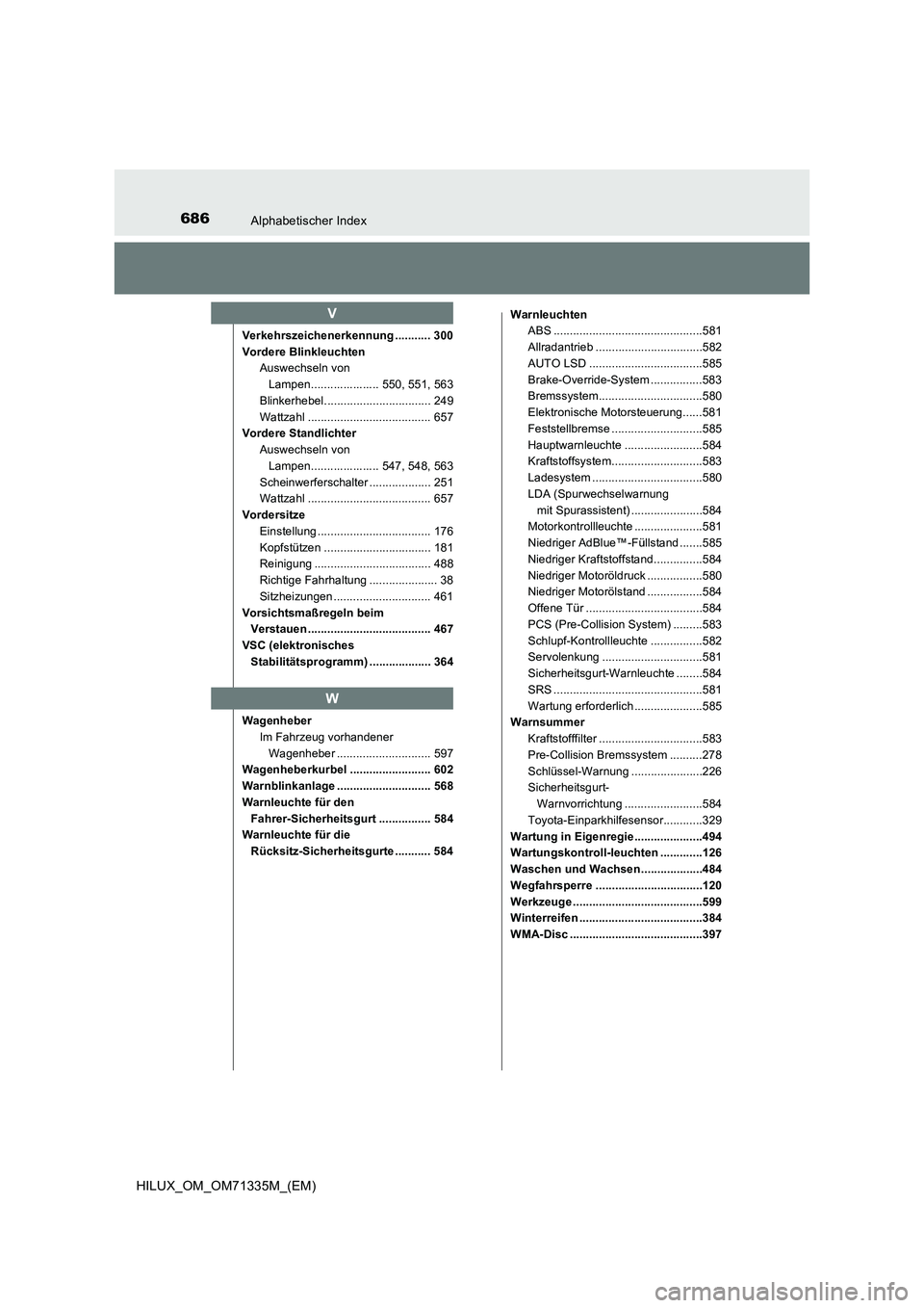 TOYOTA HILUX 2021 Betriebsanleitungen (in German) 686Alphabetischer Index
HILUX_OM_OM71335M_(EM)
Verkehrszeichenerkennung ........... 300
Vordere Blinkleuchten
Auswechseln von
Lampen..................... 550, 551, 563
Blinkerhebel................... TOYOTA HILUX 2021 Betriebsanleitungen (in German) 686Alphabetischer Index
HILUX_OM_OM71335M_(EM)
Verkehrszeichenerkennung ........... 300
Vordere Blinkleuchten
Auswechseln von
Lampen..................... 550, 551, 563
Blinkerhebel...................