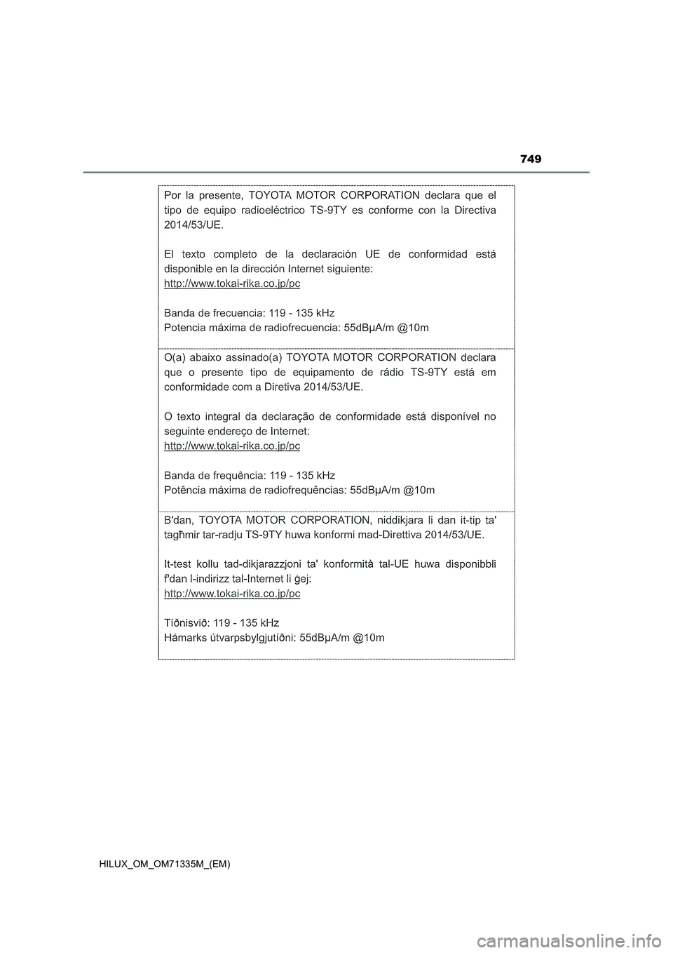 TOYOTA HILUX 2021  Betriebsanleitungen (in German) 749
HILUX_OM_OM71335M_(EM) 