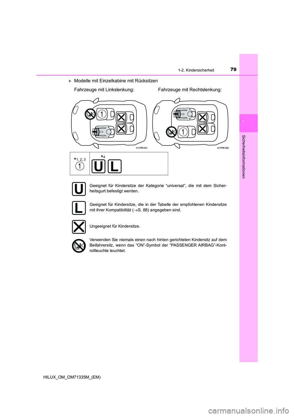 TOYOTA HILUX 2021 Betriebsanleitungen (in German) 791-2. Kindersicherheit
1
HILUX_OM_OM71335M_(EM)
Sicherheitsinformationen
Modelle mit Einzelkabine mit Rücksitzen
Fahrzeuge mit Linkslenkung: Fahrzeuge mit Rechtslenkung:
*1, 2, 3
*4
Geeignet TOYOTA HILUX 2021 Betriebsanleitungen (in German) 791-2. Kindersicherheit
1
HILUX_OM_OM71335M_(EM)
Sicherheitsinformationen
Modelle mit Einzelkabine mit Rücksitzen
Fahrzeuge mit Linkslenkung: Fahrzeuge mit Rechtslenkung:
*1, 2, 3
*4
Geeignet