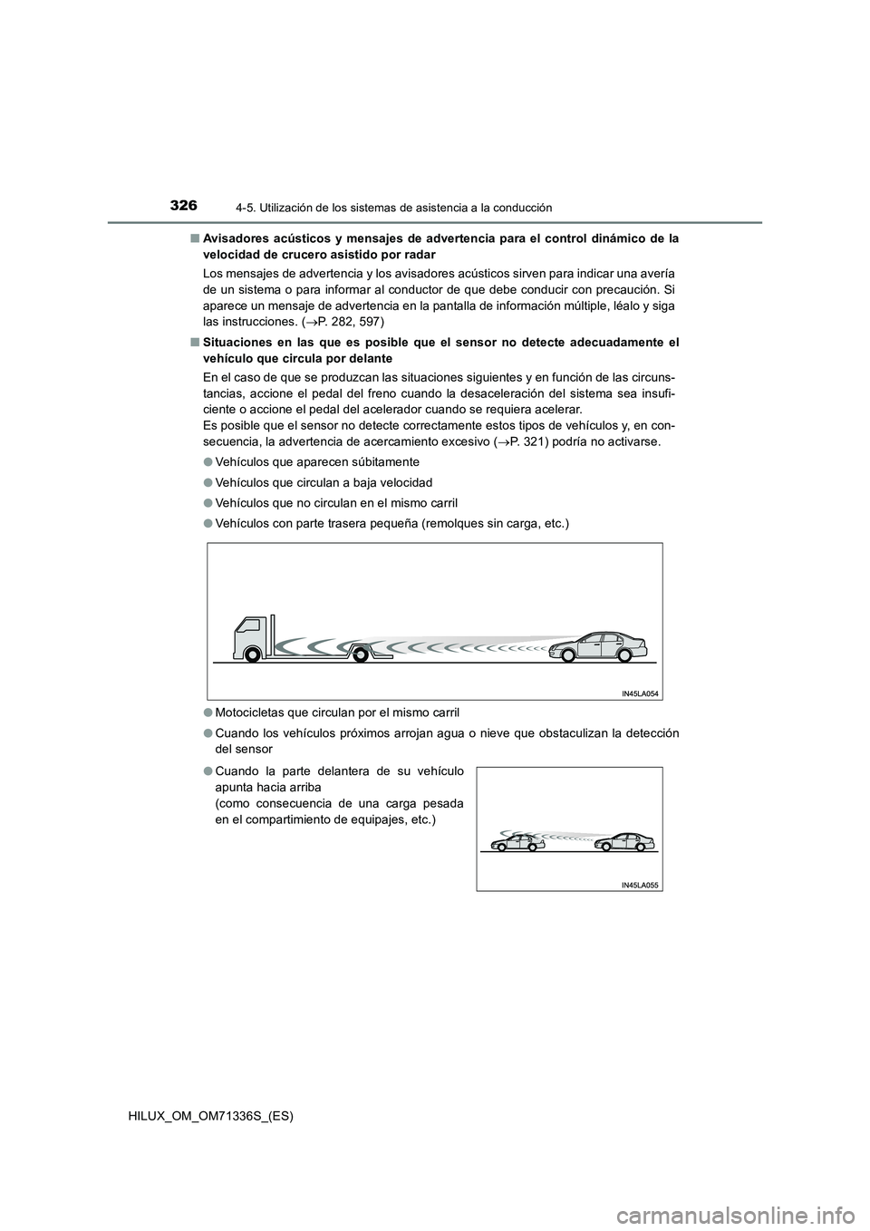 TOYOTA HILUX 2021  Manuale de Empleo (in Spanish) 3264-5. Utilización de los sistemas de asistencia a la conducción
HILUX_OM_OM71336S_(ES)�QAvisadores acústicos y mensajes de advertencia para el control dinámico de la
velocidad de crucero asistid
