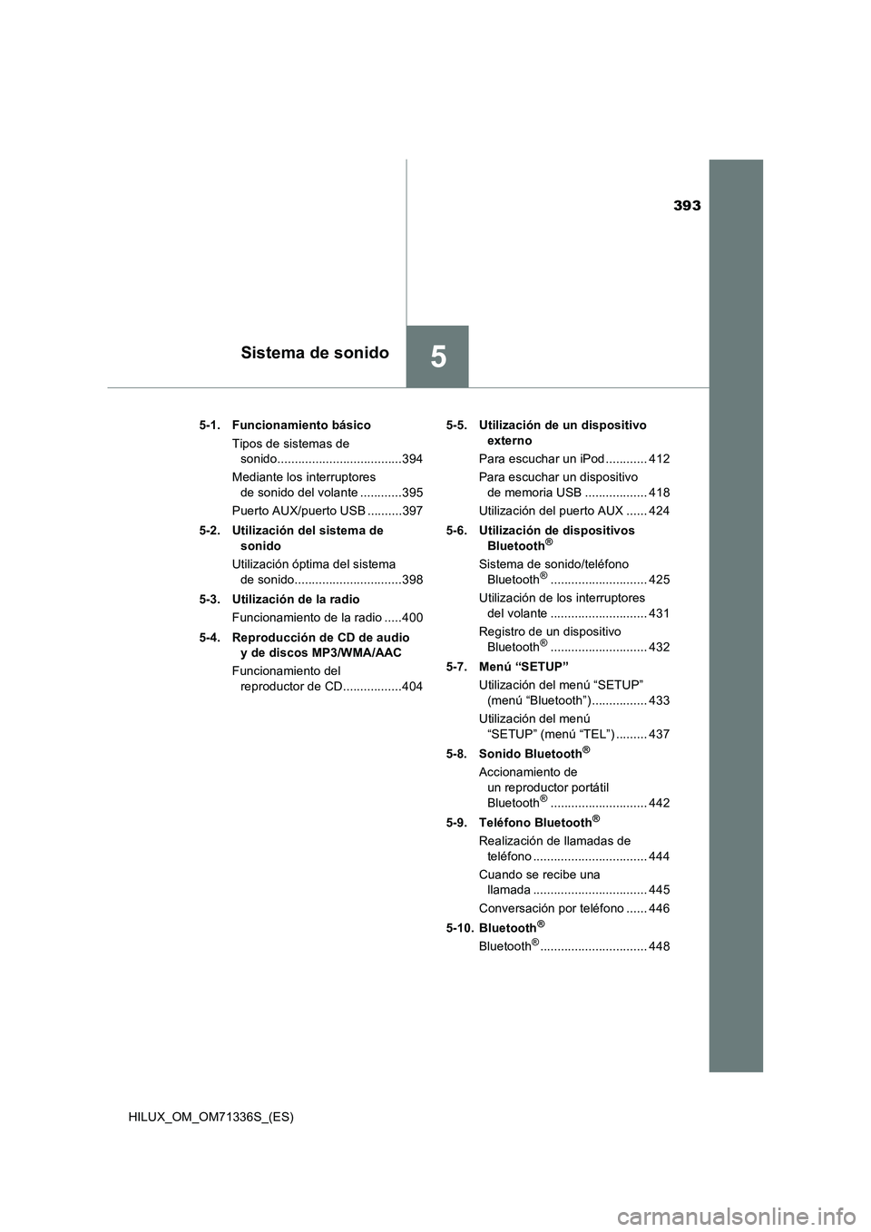 TOYOTA HILUX 2021  Manuale de Empleo (in Spanish) 393
5Sistema de sonido
HILUX_OM_OM71336S_(ES)5-1. Funcionamiento básico
Tipos de sistemas de 
sonido....................................394
Mediante los interruptores 
de sonido del volante .........