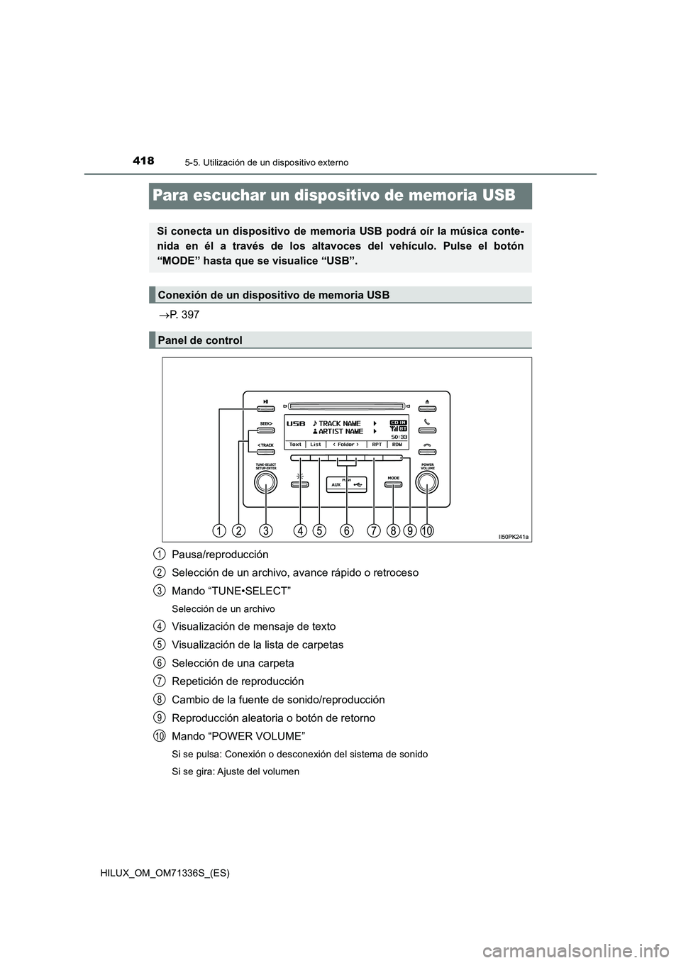 TOYOTA HILUX 2021  Manuale de Empleo (in Spanish) 4185-5. Utilización de un dispositivo externo
HILUX_OM_OM71336S_(ES)
Para escuchar un dispositivo de memoria USB
P. 397
Pausa/reproducción
Selección de un archivo, avance rápido o retroceso
Man