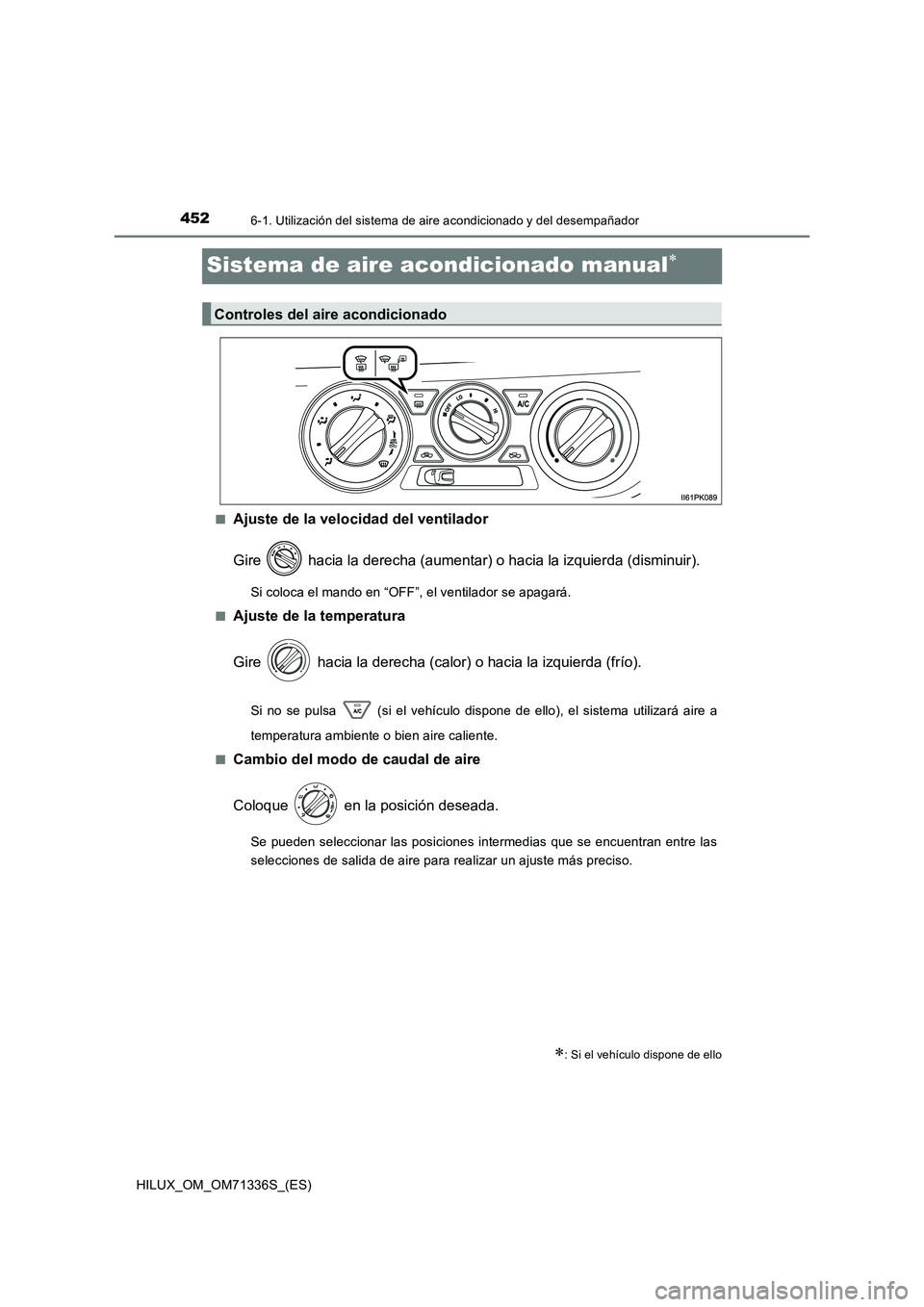 TOYOTA HILUX 2021  Manuale de Empleo (in Spanish) 4526-1. Utilización del sistema de aire acondicionado y del desempañador
HILUX_OM_OM71336S_(ES)
Sistema de aire acondicionado manual
�QAjuste de la velocidad del ventilador 
Gire   hacia la derec