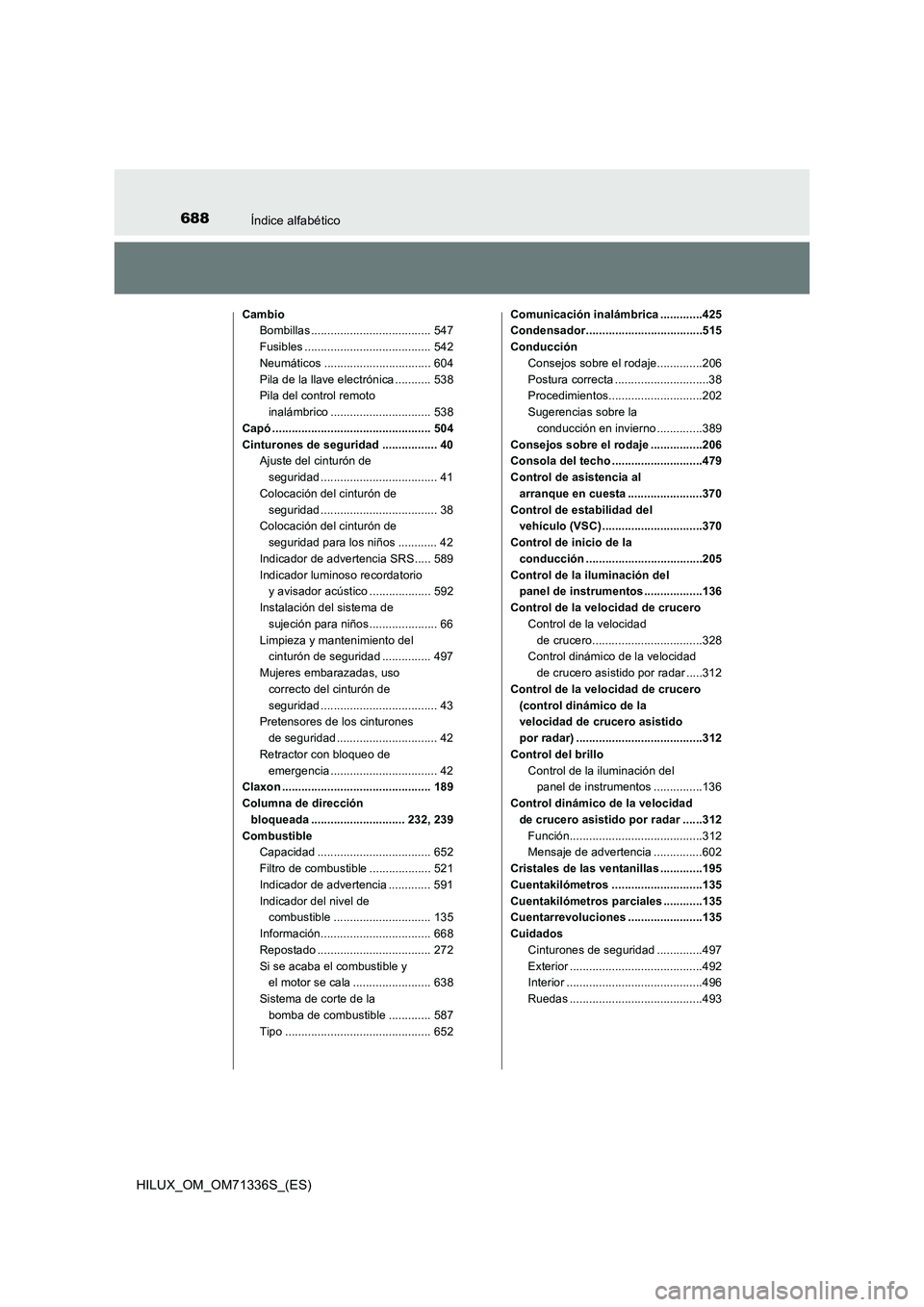 TOYOTA HILUX 2021  Manuale de Empleo (in Spanish) 688Índice alfabético
HILUX_OM_OM71336S_(ES)
Cambio
Bombillas ..................................... 547
Fusibles ....................................... 542
Neumáticos ..............................