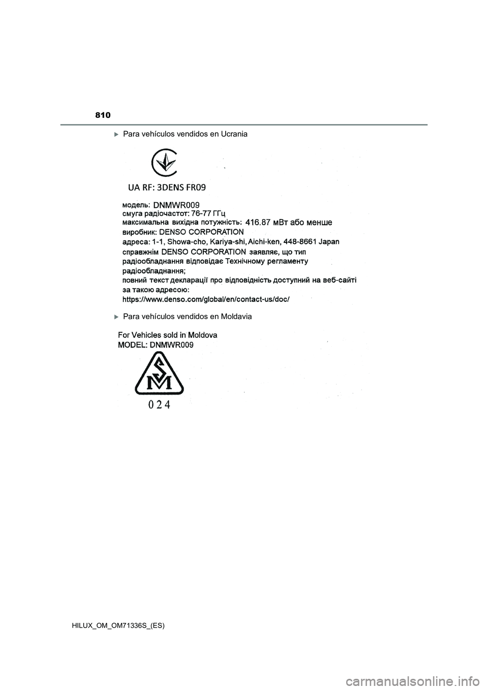 TOYOTA HILUX 2021  Manuale de Empleo (in Spanish) 810
HILUX_OM_OM71336S_(ES)
Para vehículos vendidos en Ucrania
Para vehículos vendidos en Moldavia 