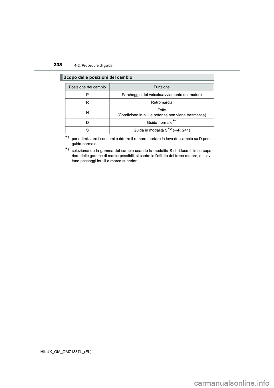 TOYOTA HILUX 2021  Manuale duso (in Italian) 2384-2. Procedure di guida
HILUX_OM_OM71337L_(EL)
*1: per ottimizzare i consumi e ridurre il rumore, portare la leva del cambio su D per la
guida normale.
*2: selezionando la gamma del cambio usando l