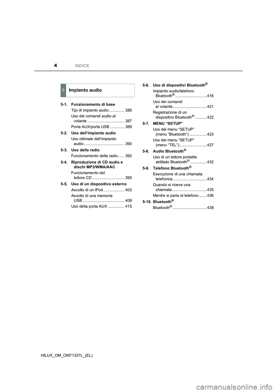 TOYOTA HILUX 2021  Manuale duso (in Italian) INDICE4
HILUX_OM_OM71337L_(EL)5-1. Funzionamento di base
Tipi di impianto audio .............. 386
Uso dei comandi audio al 
volante .................................. 387
Porta AUX/porta USB ........