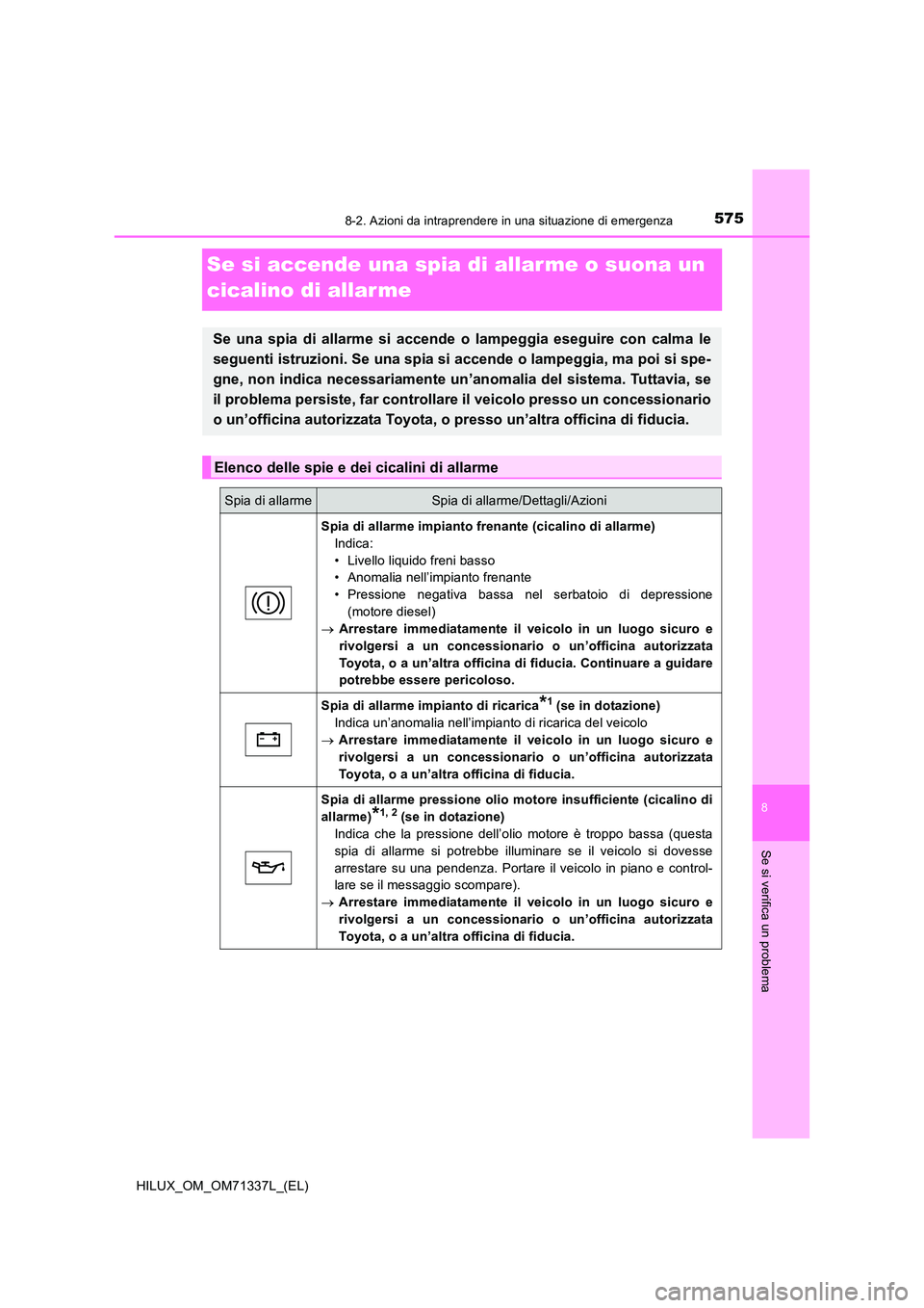 TOYOTA HILUX 2021  Manuale duso (in Italian) 5758-2. Azioni da intraprendere in una situazione di emergenza
HILUX_OM_OM71337L_(EL)
8
Se si verifica un problema
Se si accende una spia di allar me o suona un  
cicalino di allar me
Se una spia di a