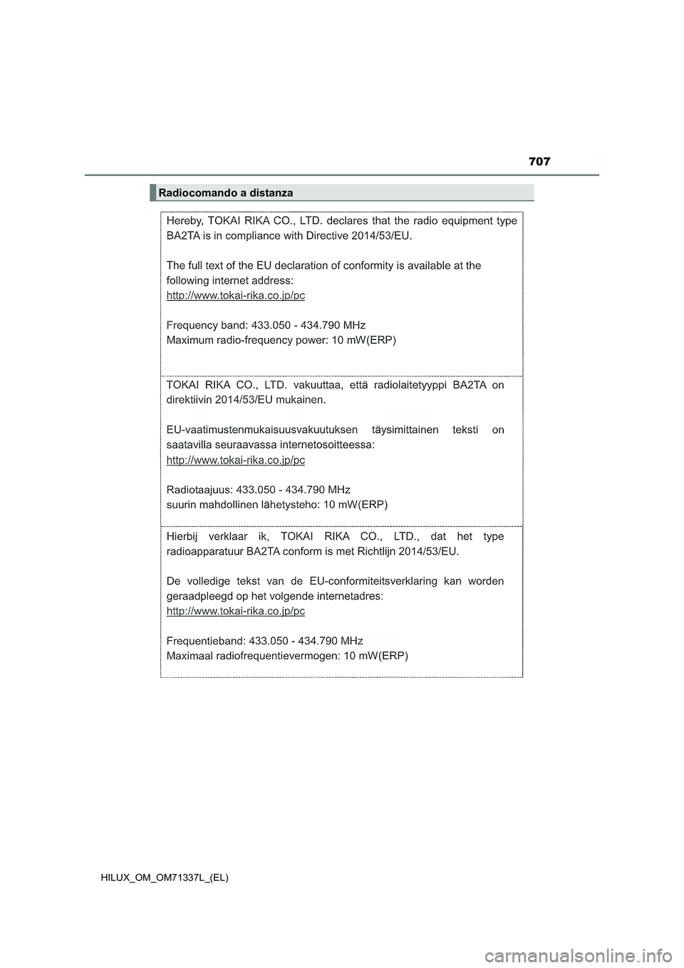TOYOTA HILUX 2021  Manuale duso (in Italian) 707
HILUX_OM_OM71337L_(EL)
Radiocomando a distanza 