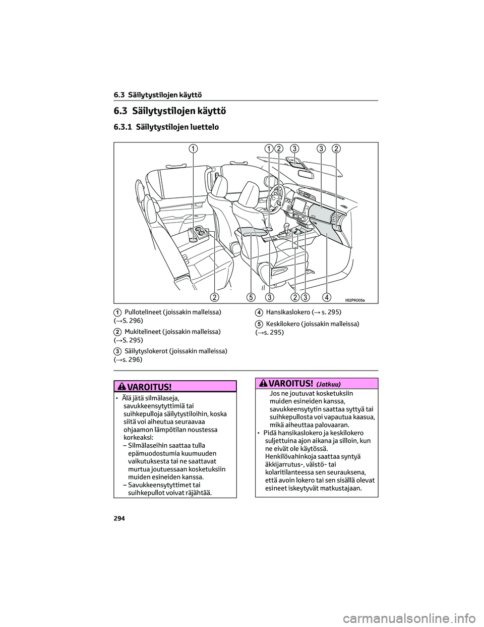 TOYOTA HILUX 2021  Omistajan Käsikirja (in Finnish) 6.3 Säilytystilojen käyttö
6.3.1 Säilytystilojen luettelo
1Pullotelineet ( joissakin malleissa)
(→S. 296)
2Mukitelineet ( joissakin malleissa)
(→S. 295)
3Säilytyslokerot ( joissakin malleissa