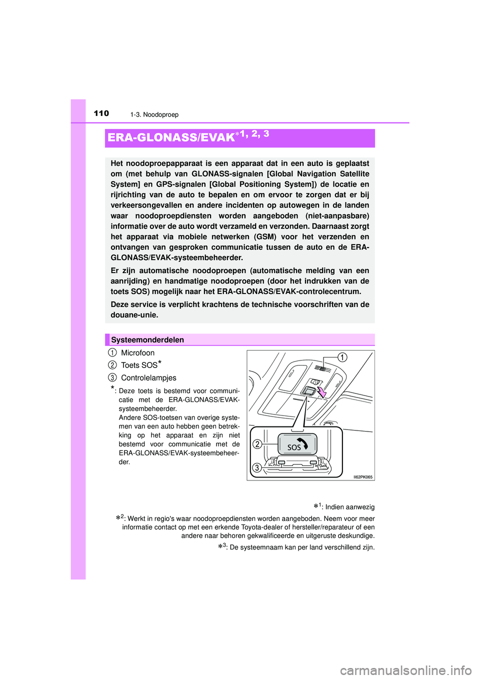 TOYOTA HILUX 2021 Instructieboekje (in Dutch) 1101-3. Noodoproep
HILUX_OM_OM0K513E_(EE)
ERA-GLONASS/EVAK1, 2, 3
Microfoon
Toets SOS
*
Controlelampjes
*: Deze toets is bestemd voor communi-catie met de ERA-GLONASS/EVAK-
systeembeheerder.
Andere TOYOTA HILUX 2021 Instructieboekje (in Dutch) 1101-3. Noodoproep
HILUX_OM_OM0K513E_(EE)
ERA-GLONASS/EVAK1, 2, 3
Microfoon
Toets SOS
*
Controlelampjes
*: Deze toets is bestemd voor communi-catie met de ERA-GLONASS/EVAK-
systeembeheerder.
Andere