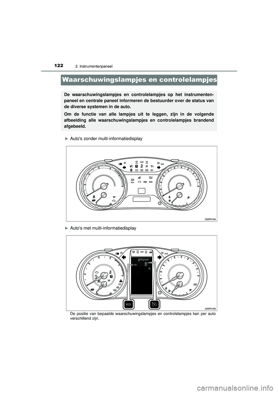 TOYOTA HILUX 2021  Instructieboekje (in Dutch) 1222. Instrumentenpaneel
HILUX_OM_OM0K513E_(EE)
Waarschuwingslampjes en controlelampjes
Autos zonder multi-informatiedisplay
Autos met multi-informatiedisplay
De positie van bepaalde waarschuw TOYOTA HILUX 2021  Instructieboekje (in Dutch) 1222. Instrumentenpaneel
HILUX_OM_OM0K513E_(EE)
Waarschuwingslampjes en controlelampjes
Autos zonder multi-informatiedisplay
Autos met multi-informatiedisplay
De positie van bepaalde waarschuw