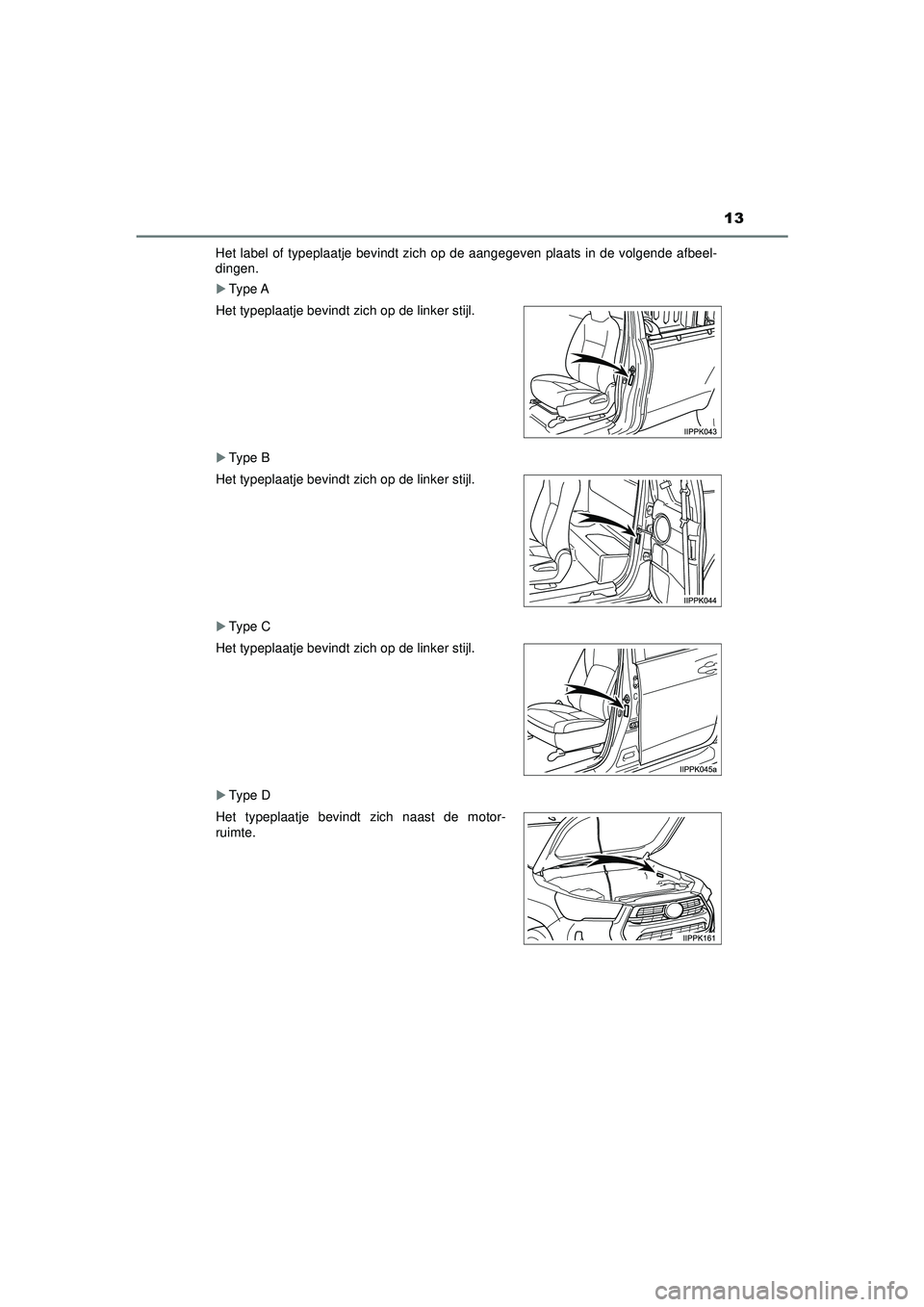 TOYOTA HILUX 2021 Instructieboekje (in Dutch) 13
HILUX_OM_OM0K513E_(EE)Het label of typeplaatje bevindt zich op de aangegeven plaats in de volgende afbeel-
dingen.
Ty pe A
Ty pe B
Ty pe C
Ty pe D
Het typeplaatje bevindt zich op de TOYOTA HILUX 2021 Instructieboekje (in Dutch) 13
HILUX_OM_OM0K513E_(EE)Het label of typeplaatje bevindt zich op de aangegeven plaats in de volgende afbeel-
dingen.
Ty pe A
Ty pe B
Ty pe C
Ty pe D
Het typeplaatje bevindt zich op de