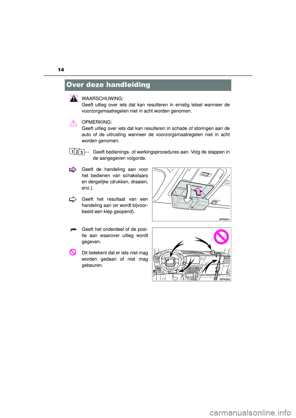 TOYOTA HILUX 2021 Instructieboekje (in Dutch) 14
HILUX_OM_OM0K513E_(EE)
Over deze handleiding
WAARSCHUWING:
Geeft uitleg over iets dat kan resulteren in ernstig letsel wanneer de
voorzorgsmaatregelen niet in acht worden genomen.
OPMERKING:
Geef TOYOTA HILUX 2021 Instructieboekje (in Dutch) 14
HILUX_OM_OM0K513E_(EE)
Over deze handleiding
WAARSCHUWING:
Geeft uitleg over iets dat kan resulteren in ernstig letsel wanneer de
voorzorgsmaatregelen niet in acht worden genomen.
OPMERKING:
Geef