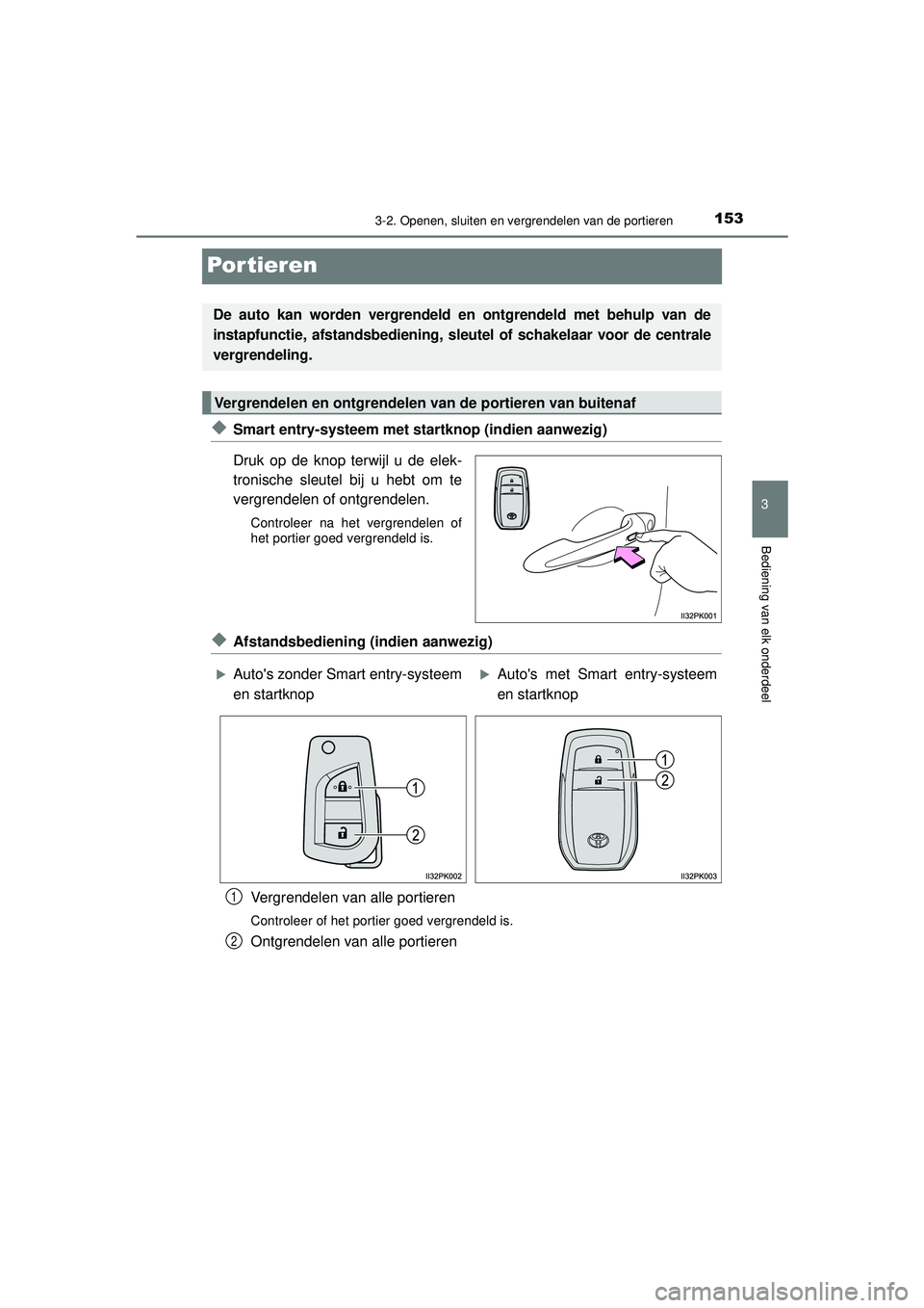 TOYOTA HILUX 2021 Instructieboekje (in Dutch) 153
3
3-2. Openen, sluiten en vergrendelen van de portieren
Bediening van elk onderdeel
HILUX_OM_OM0K513E_(EE)
Por tieren
◆Smart entry-systeem met startknop (indien aanwezig)
Druk op de knop terwijl TOYOTA HILUX 2021 Instructieboekje (in Dutch) 153
3
3-2. Openen, sluiten en vergrendelen van de portieren
Bediening van elk onderdeel
HILUX_OM_OM0K513E_(EE)
Por tieren
◆Smart entry-systeem met startknop (indien aanwezig)
Druk op de knop terwijl