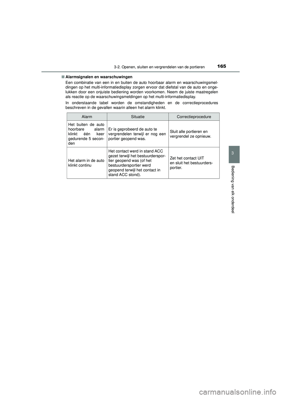 TOYOTA HILUX 2021 Instructieboekje (in Dutch) 1653-2. Openen, sluiten en vergrendelen van de portieren
3
Bediening van elk onderdeel
HILUX_OM_OM0K513E_(EE)■
Alarmsignalen en waarschuwingen
Een combinatie van een in en buiten de auto hoorbaar al TOYOTA HILUX 2021 Instructieboekje (in Dutch) 1653-2. Openen, sluiten en vergrendelen van de portieren
3
Bediening van elk onderdeel
HILUX_OM_OM0K513E_(EE)■
Alarmsignalen en waarschuwingen
Een combinatie van een in en buiten de auto hoorbaar al