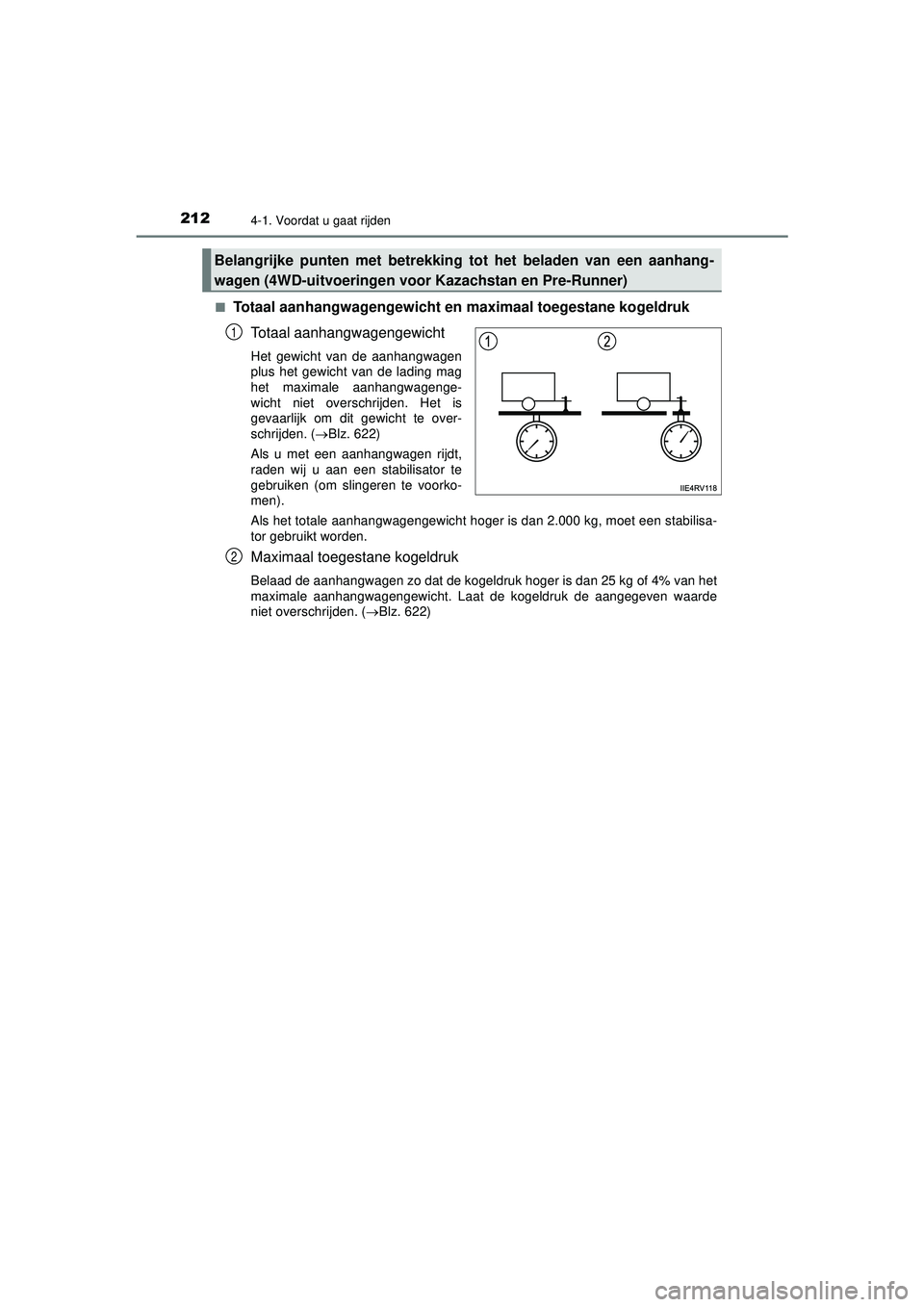 TOYOTA HILUX 2021 Instructieboekje (in Dutch) 2124-1. Voordat u gaat rijden
HILUX_OM_OM0K513E_(EE)■
Totaal aanhangwagengewicht en
maximaal toegestane kogeldruk
Totaal aanhangwagengewicht
Het gewicht van de aanhangwagen
plus het gewicht van de TOYOTA HILUX 2021 Instructieboekje (in Dutch) 2124-1. Voordat u gaat rijden
HILUX_OM_OM0K513E_(EE)■
Totaal aanhangwagengewicht en
maximaal toegestane kogeldruk
Totaal aanhangwagengewicht
Het gewicht van de aanhangwagen
plus het gewicht van de